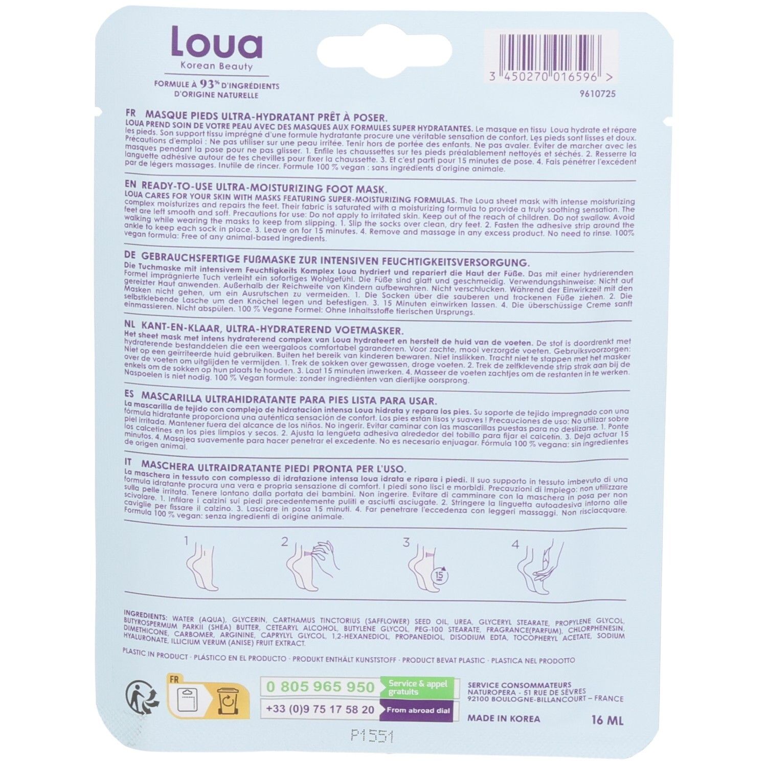Dos de l'emballage du masque pieds ultra-hydratant Loua Korean Beauty avec instructions.