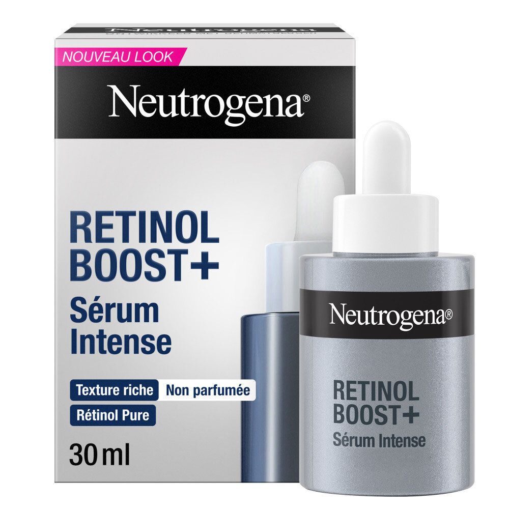 Sérum Intense Neutrogena Retinol Boost+ dans un flacon argenté avec pipette et boîte.