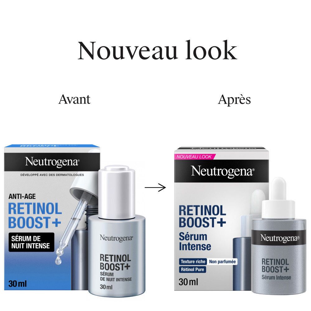Comparaison avant-après du sérum Neutrogena Retinol Boost+ : nouveau look boîte et flacon.