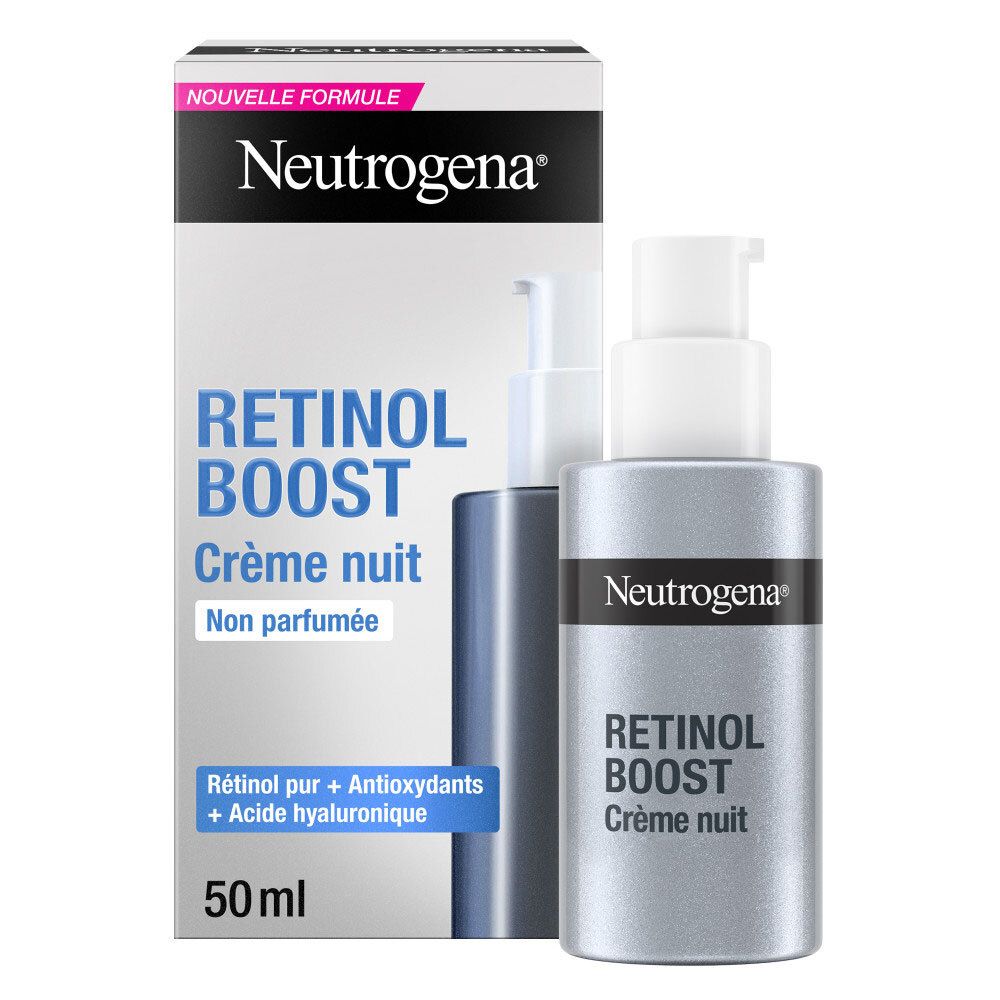 Crème nuit Neutrogena Retinol Boost dans un flacon argenté avec pompe et boîte.