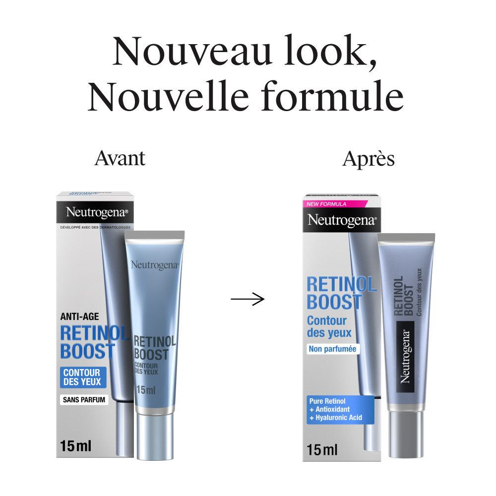 Comparaison avant/après des emballages et tubes Neutrogena Retinol Boost Contour des Yeux.