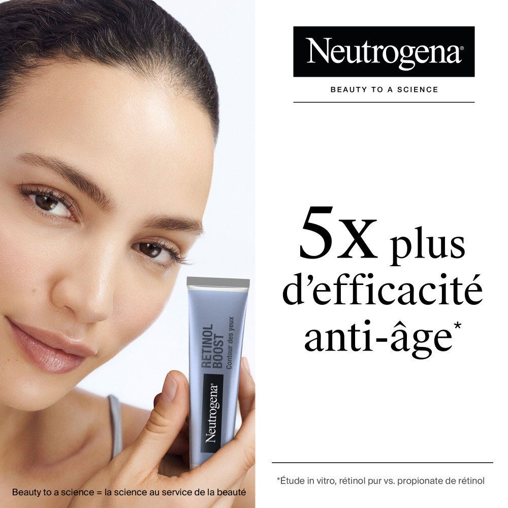 Femme tenant un tube Neutrogena Retinol Boost Contour des Yeux, avec texte sur 5x plus d'efficacité anti-âge.