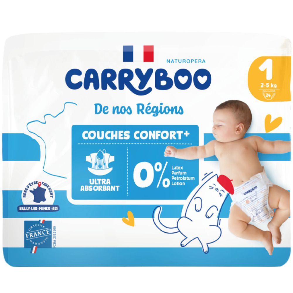Couches bébé Carryboo taille 1 (2-5 kg) avec inscription "Ultra absorbant" et mention "0% Latex, Parfum, Petrolatum, Lotion".