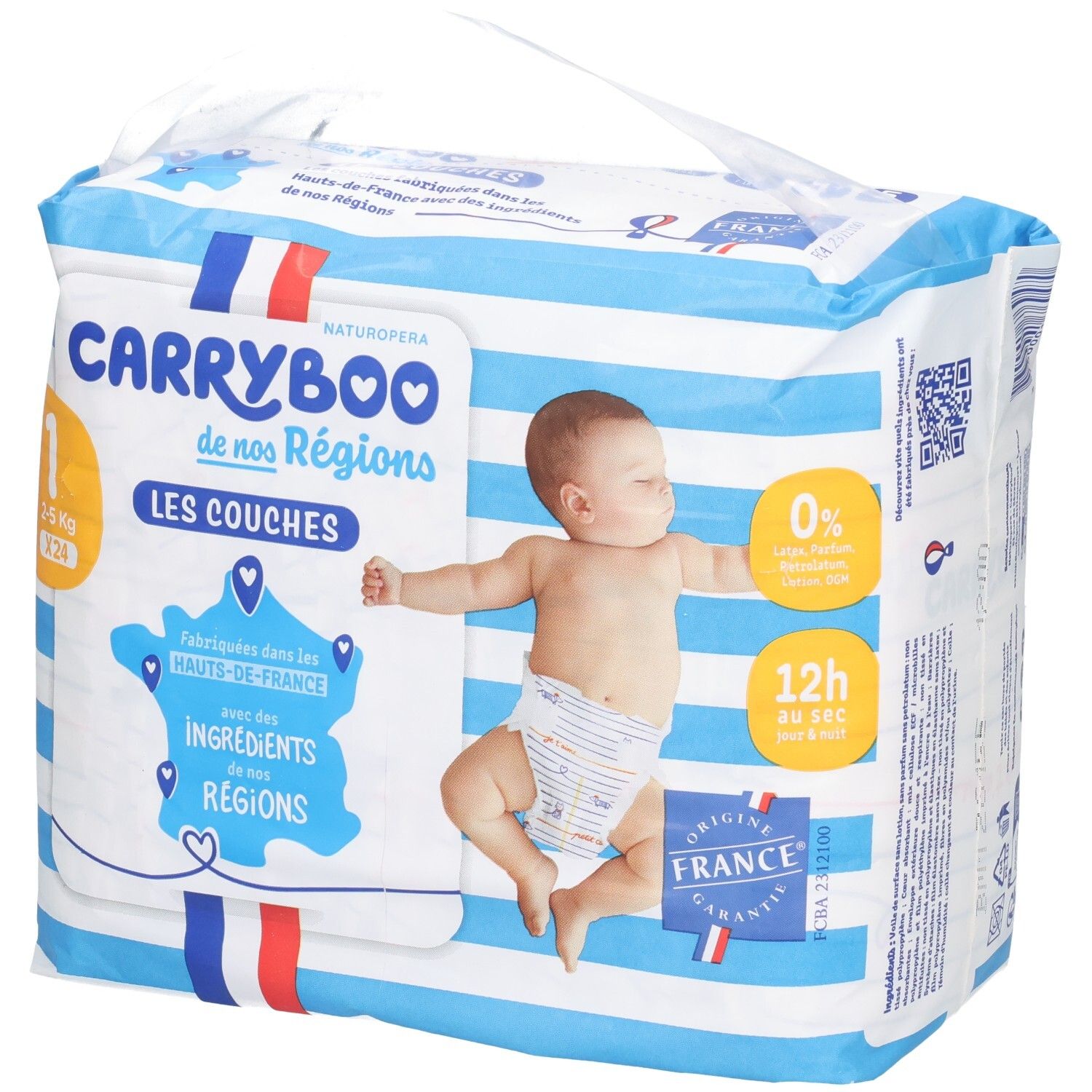 Paquet de couches pour bébé Carryboo, taille 1, rayures bleues et blanches, image de bébé. Fabriqué en France.