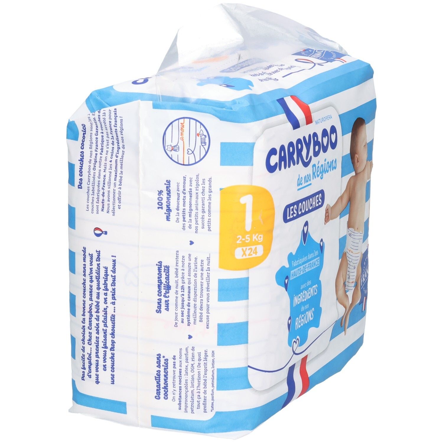 Pack de couches Carryboo taille 1 (2-5 kg, 24 unités) avec rayures bleues et blanches.