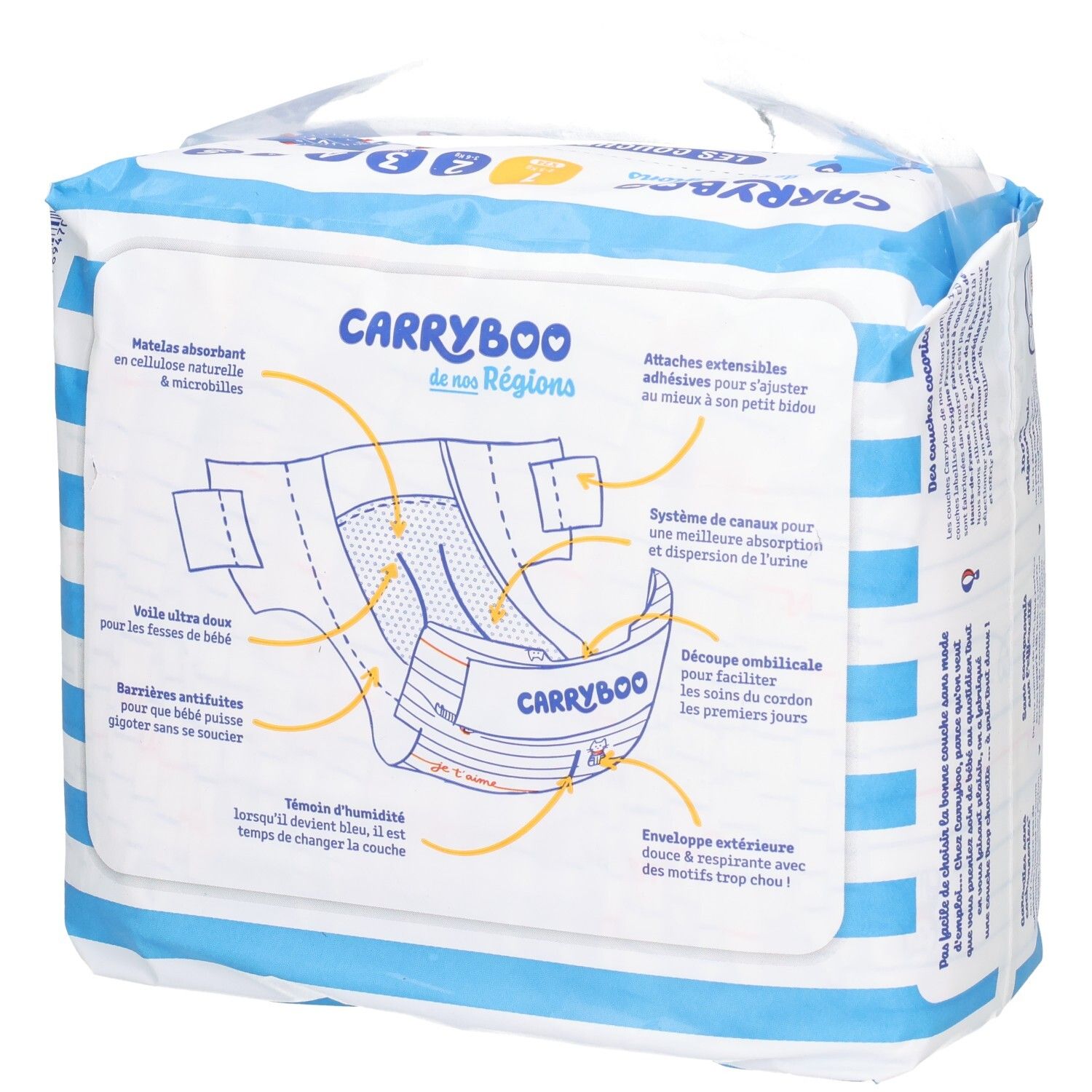 Paquet de couches avec illustration schématique des fonctionnalités et marque "CARRYBOO".
