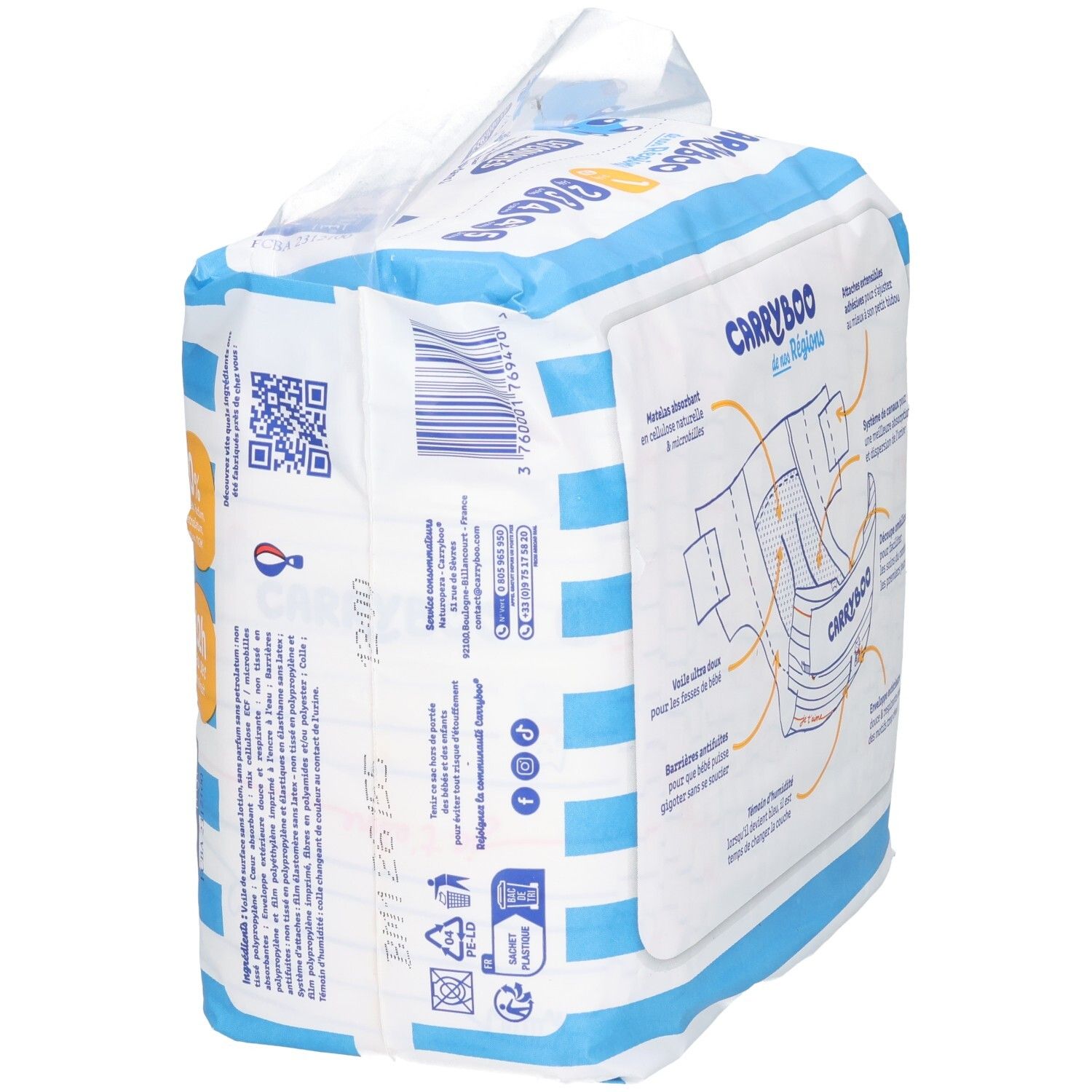 Emballage de couches CARRY&GO à rayures bleues. Montre un schéma de la couche.