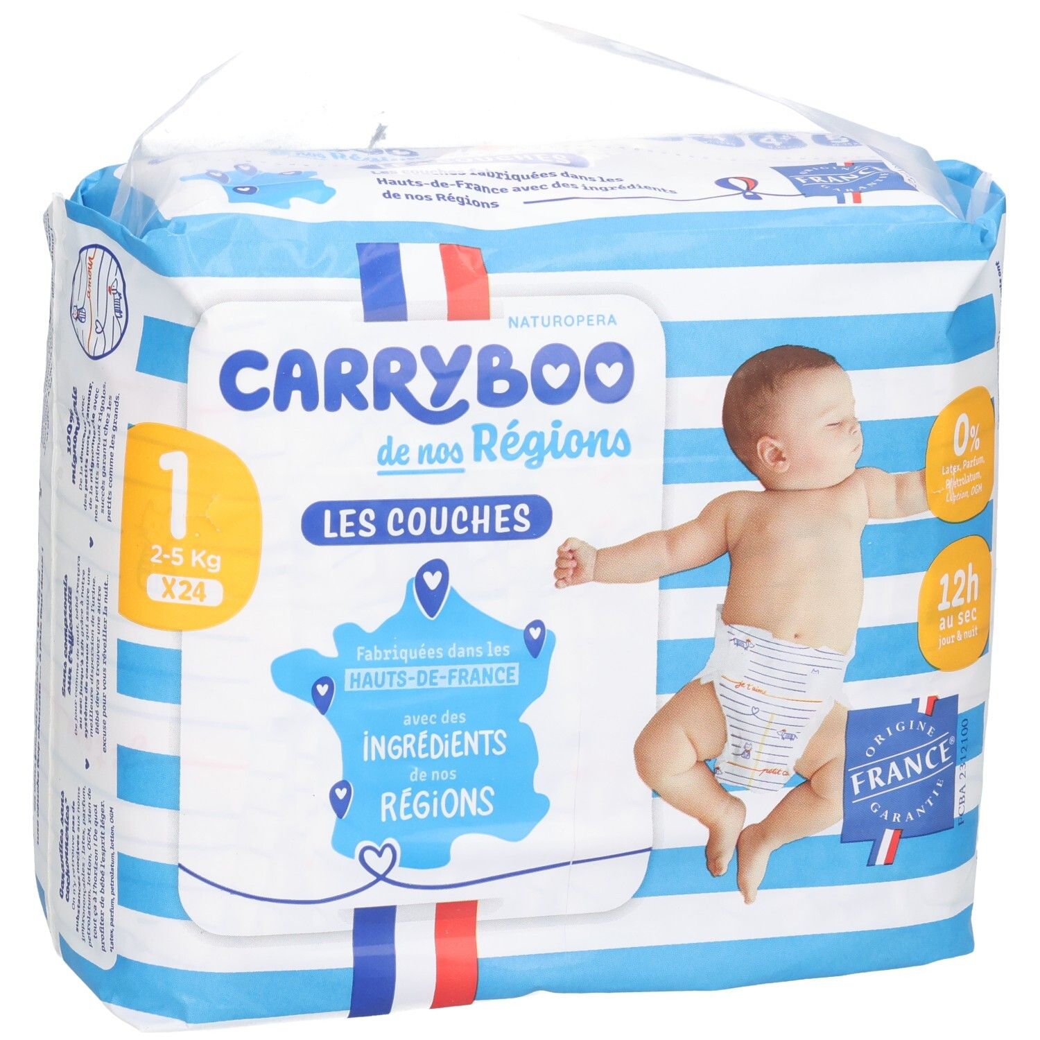 Pack de couches Carryboo taille 1 (2-5 kg, 24 unités) avec illustration de bébé et carte de France.