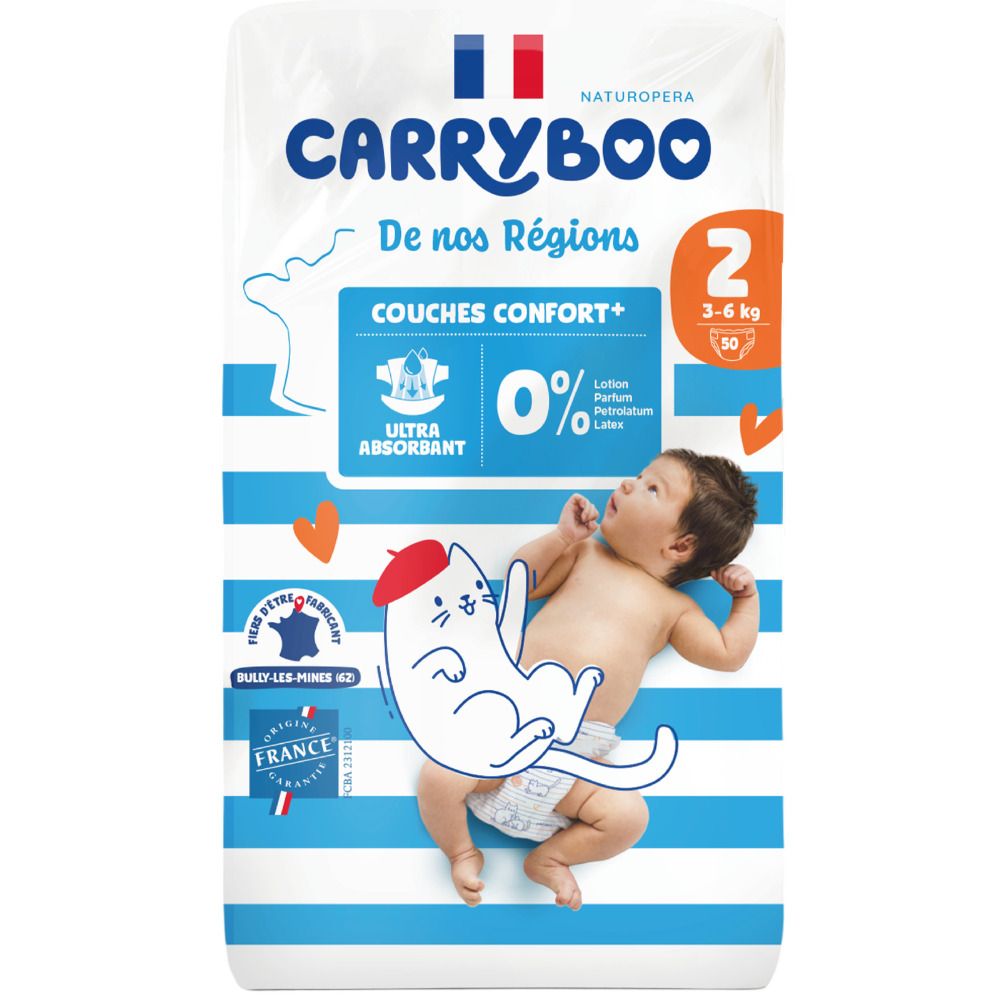 Couches bébé Carryboo Taille 2 (3-6 kg), confort ultra-absorbant, 0% lotion, parfum, latex.