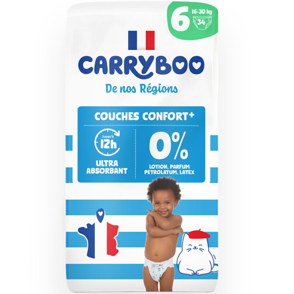 Couches Carryboo Taille 6, 16-30 kg. Ultra absorbantes, 0% parfum, lotion, latex. Fabriqué en France.