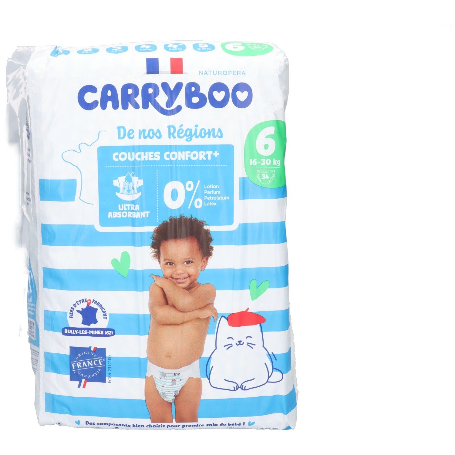 Couches Carryboo Taille 6, 16-30 kg. Ultra absorbantes, 0% parfum, lotion, latex. Fabriqué en France.