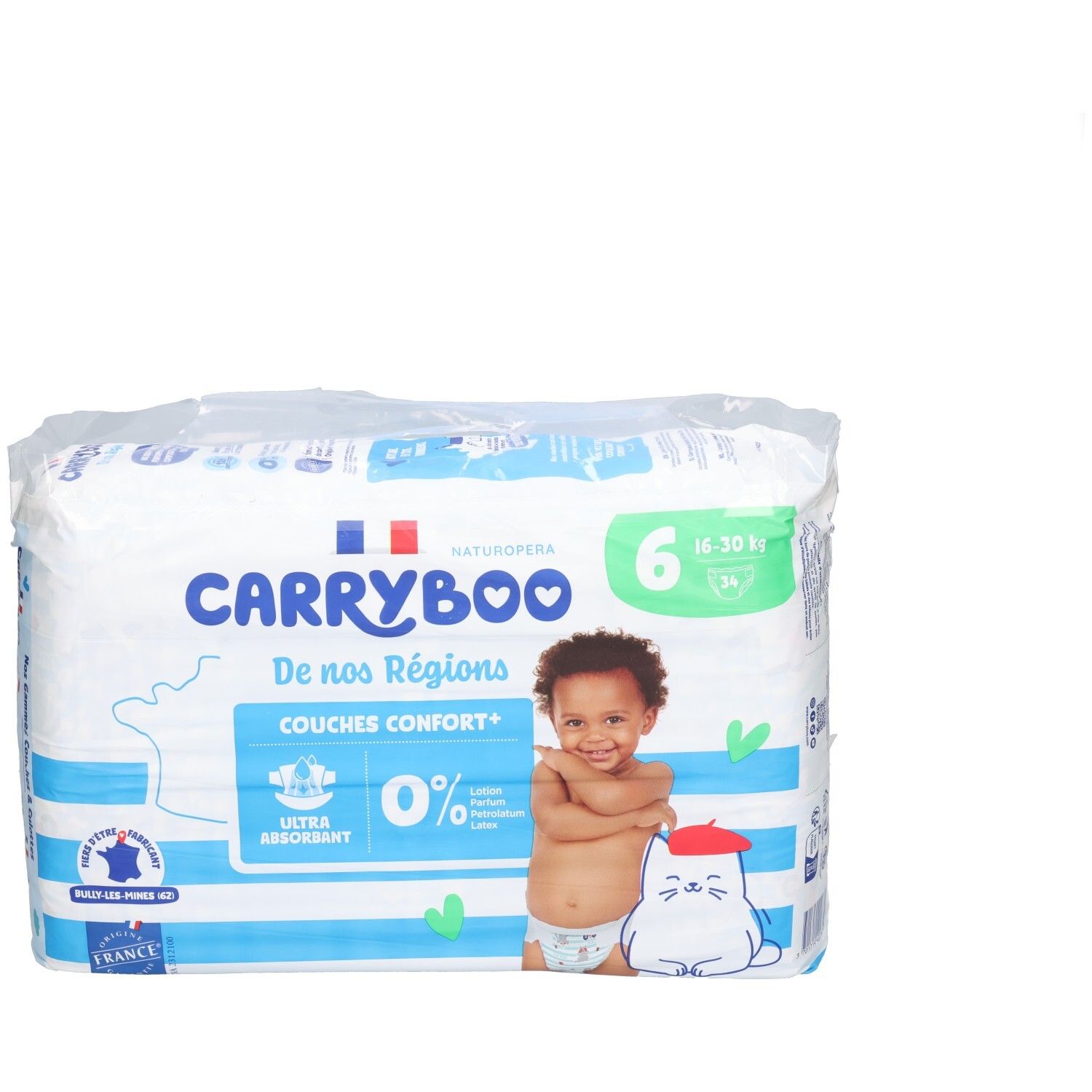 Couches Carryboo Taille 6, 16-30 kg. Ultra absorbantes, 0% parfum, lotion, latex. Fabriqué en France.