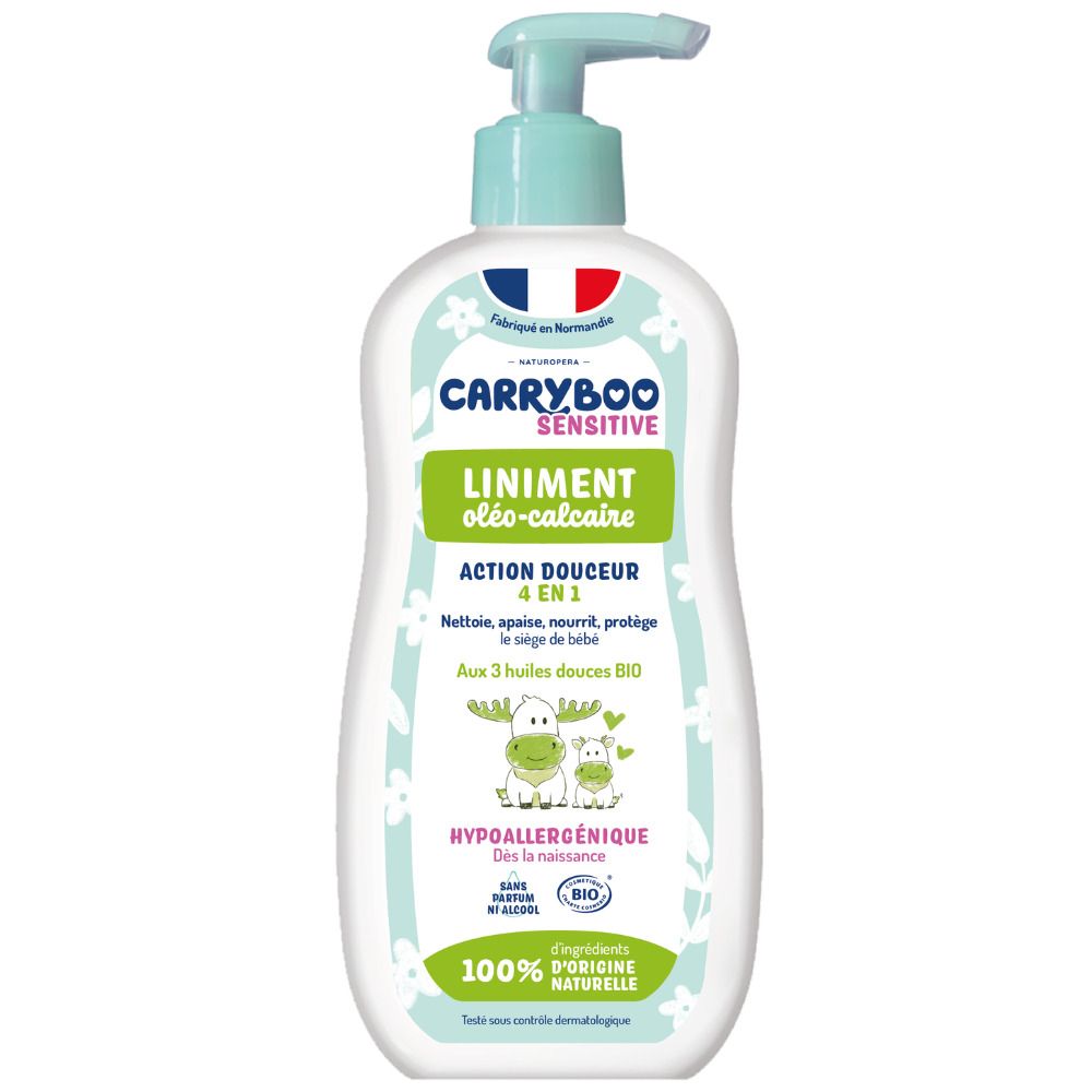 Flacon Carryboo Sensitive Liniment oléo-calcaire avec pompe. Hypoallergénique, 100% d'ingrédients naturels.