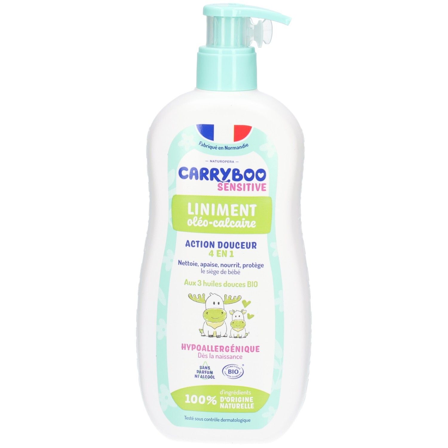 Flacon Carryboo Sensitive Liniment oléo-calcaire avec pompe. Hypoallergénique, 100% d'ingrédients naturels.