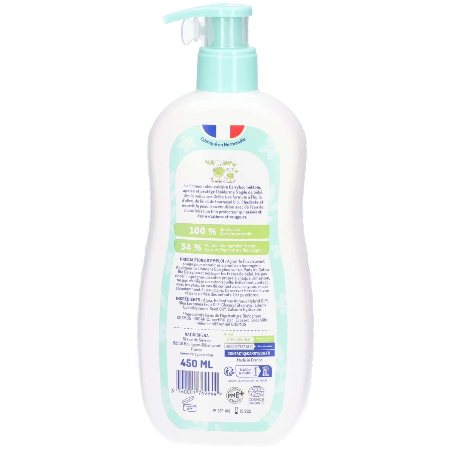 Arrière du flacon Carryboo Sensitive Liniment oléo-calcaire avec pompe. Contient 450 ml. Certifié Bio.