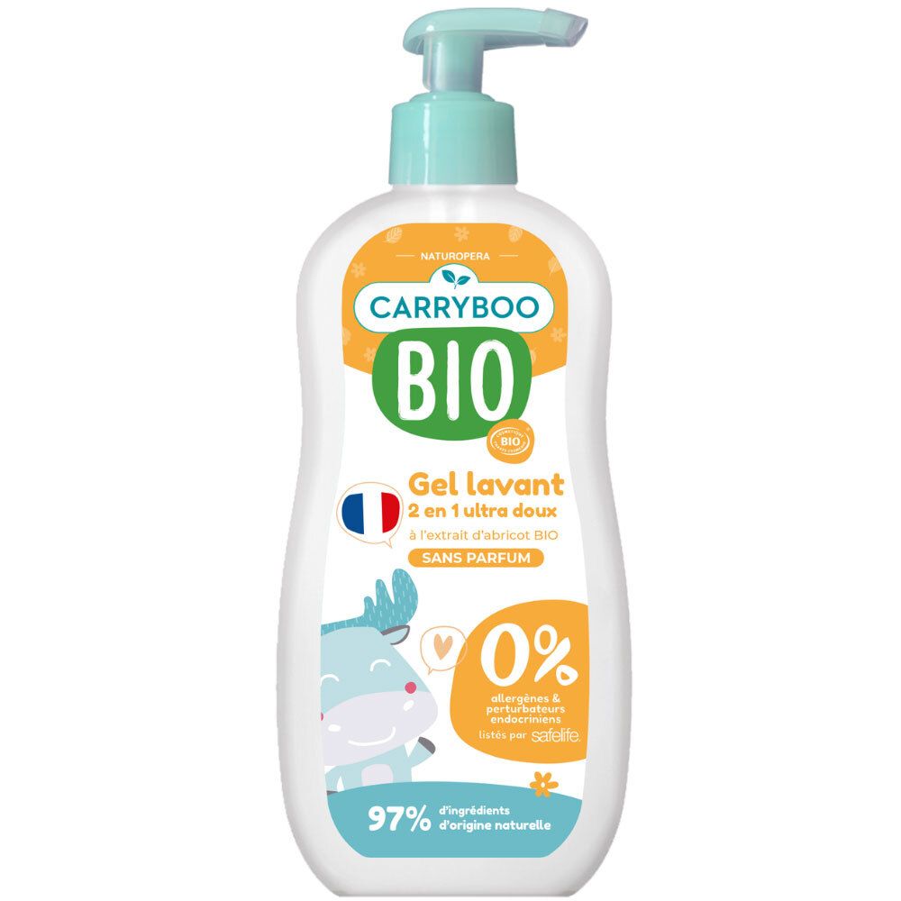 Carryboo Bio Gel Lavant: Gel lavant 2-en-1 ultra doux, sans parfum, 97% d'ingrédients naturels.