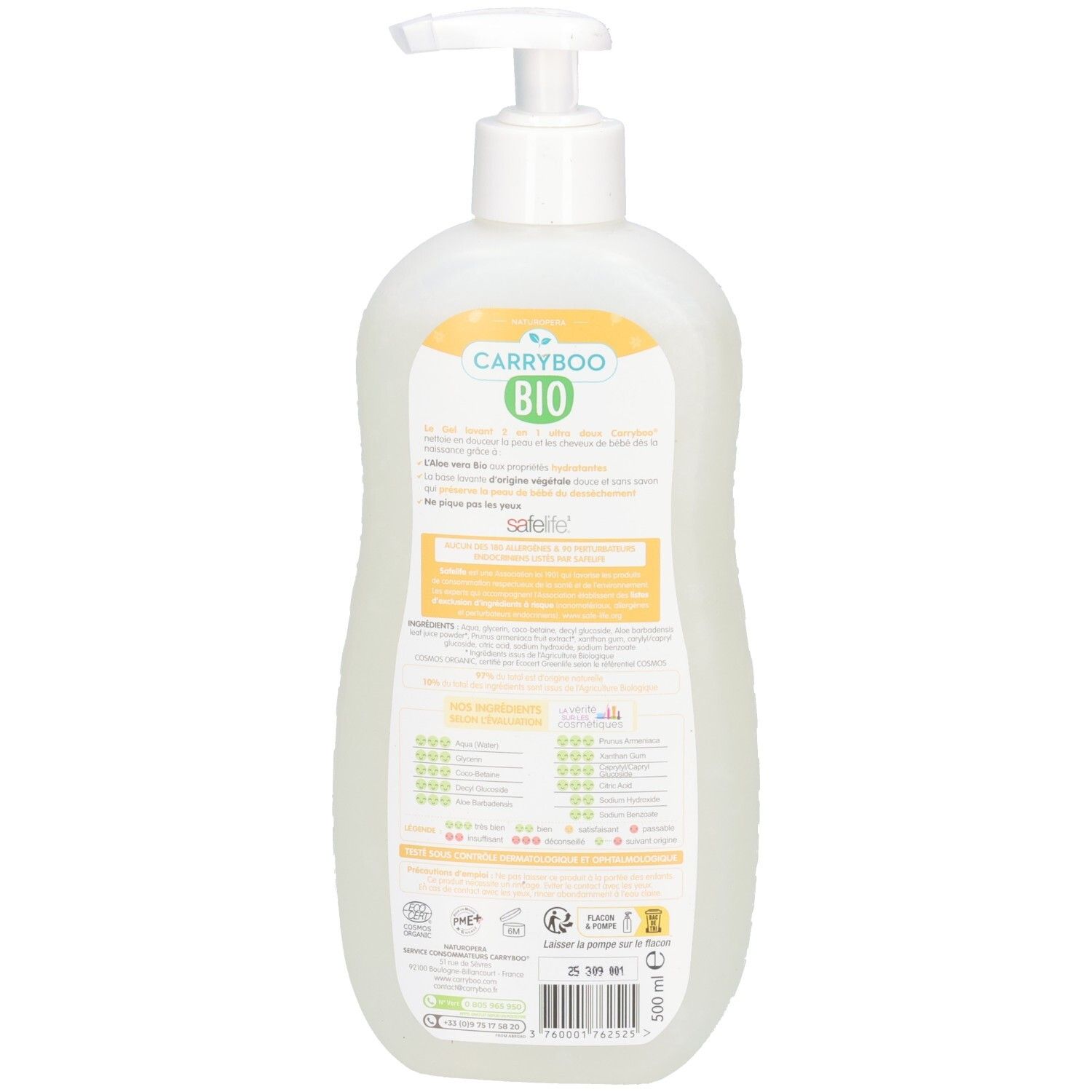 Flacon de gel lavant bio Carryboo pour bébé avec pompe, 500 ml.