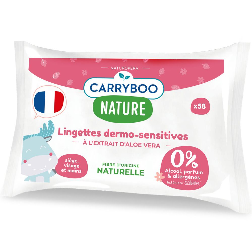 Lingettes Carryboo Nature : 58 pièces, hypoallergéniques, 0% alcool, parfum & allergènes. Pour siège, visage et mains.
