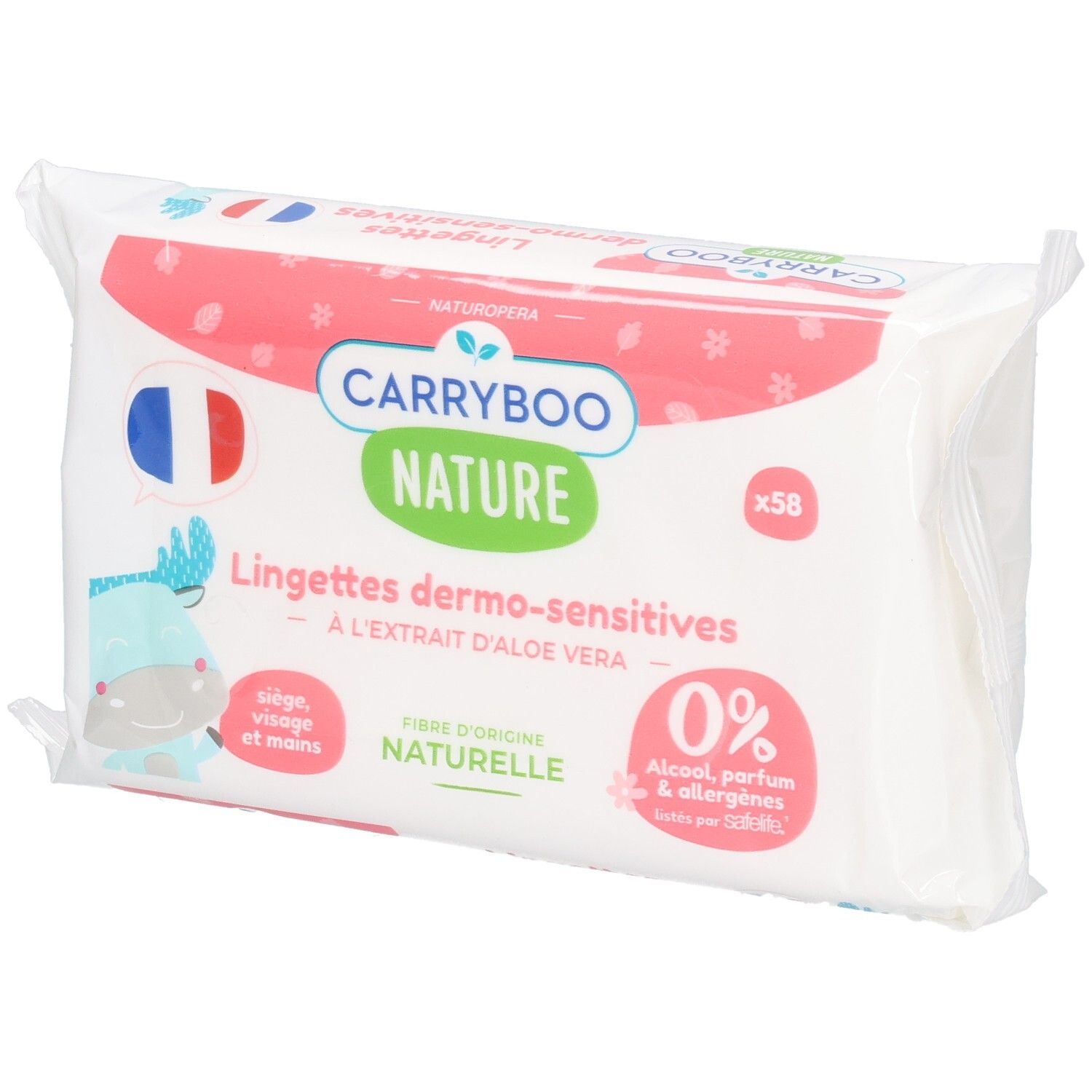 Lingettes Carryboo Nature : 58 pièces, hypoallergéniques, 0% alcool, parfum & allergènes. Pour siège, visage et mains.