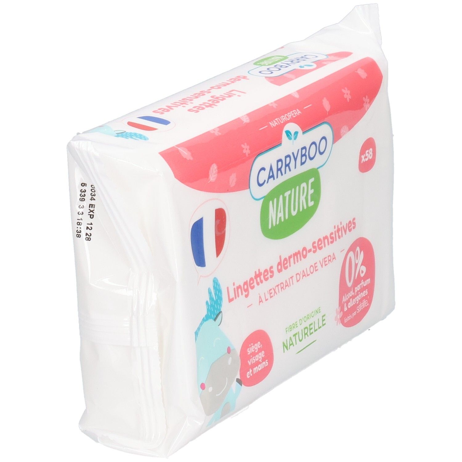 Lingettes Carryboo Nature : 58 pièces, hypoallergéniques, 0% alcool, parfum & allergènes. Pour siège, visage et mains.