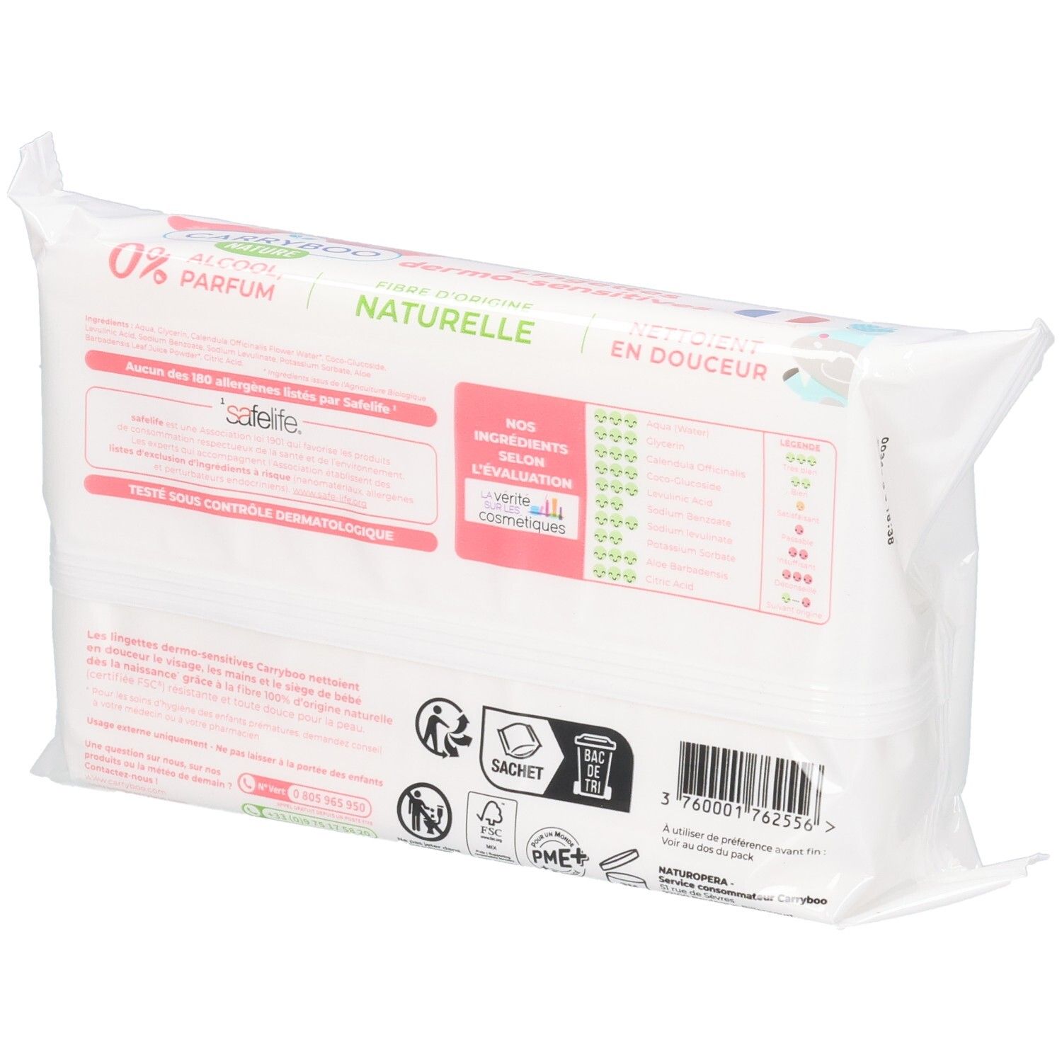 Lingettes Carryboo Nature : 58 pièces, hypoallergéniques, 0% alcool, parfum & allergènes. Pour siège, visage et mains.
