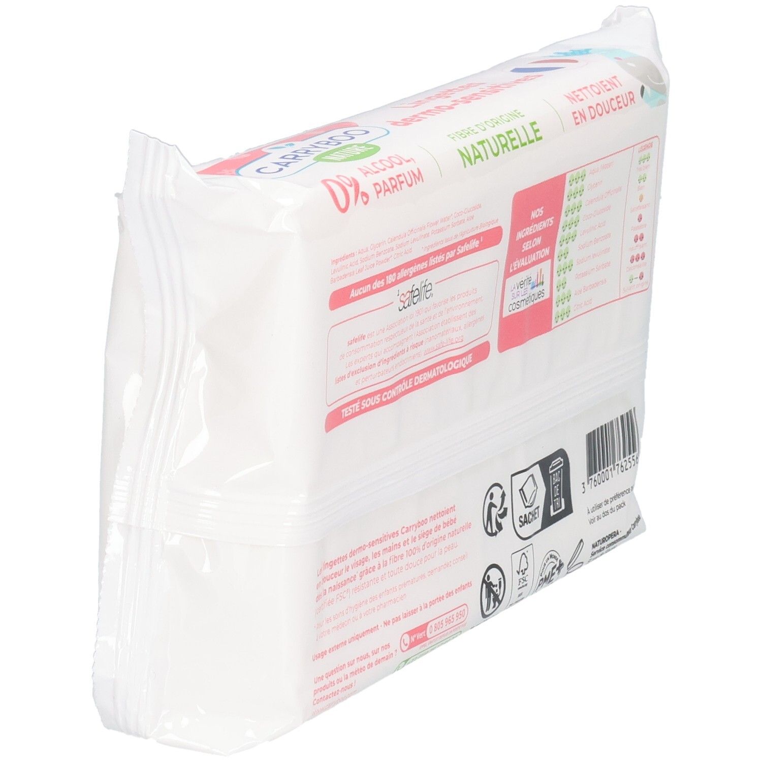 Lingettes Carryboo Nature : 58 pièces, hypoallergéniques, 0% alcool, parfum & allergènes. Pour siège, visage et mains.