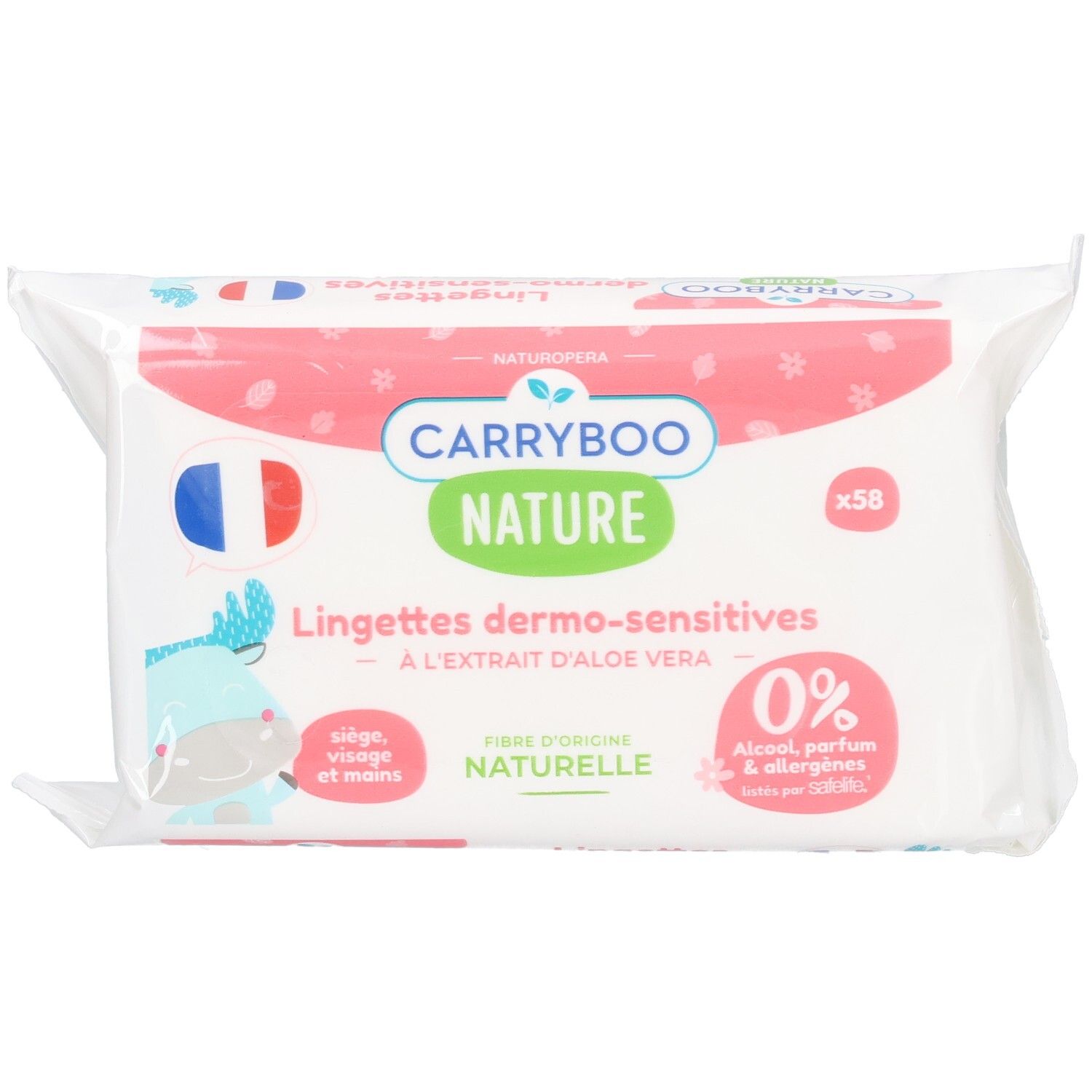Lingettes Carryboo Nature : 58 pièces, hypoallergéniques, 0% alcool, parfum & allergènes. Pour siège, visage et mains.