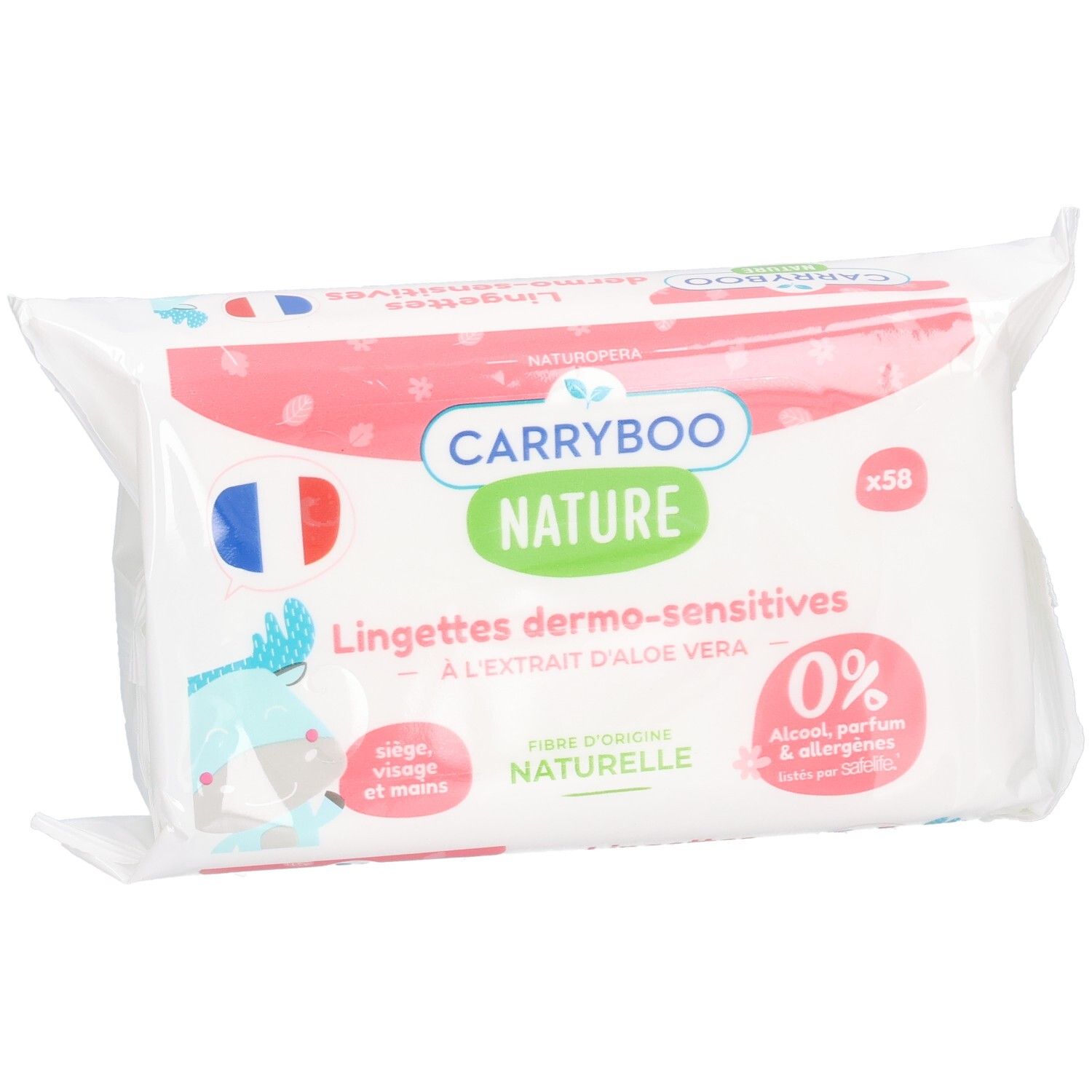 Lingettes Carryboo Nature : 58 pièces, hypoallergéniques, 0% alcool, parfum & allergènes. Pour siège, visage et mains.
