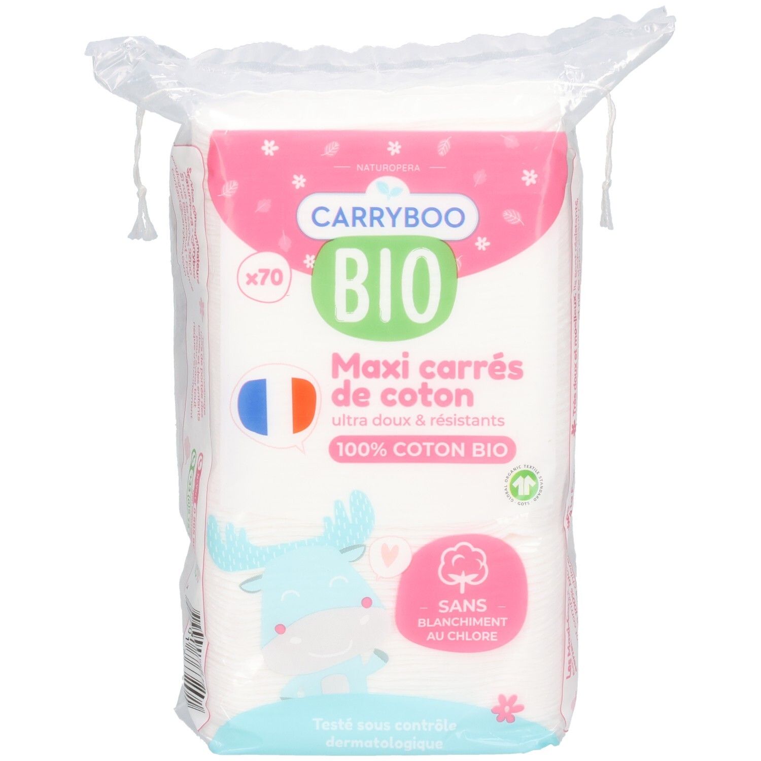 Carrés de coton Carryboo Bio Maxi, 70 pièces, 100% coton bio, blanchis sans chlore.