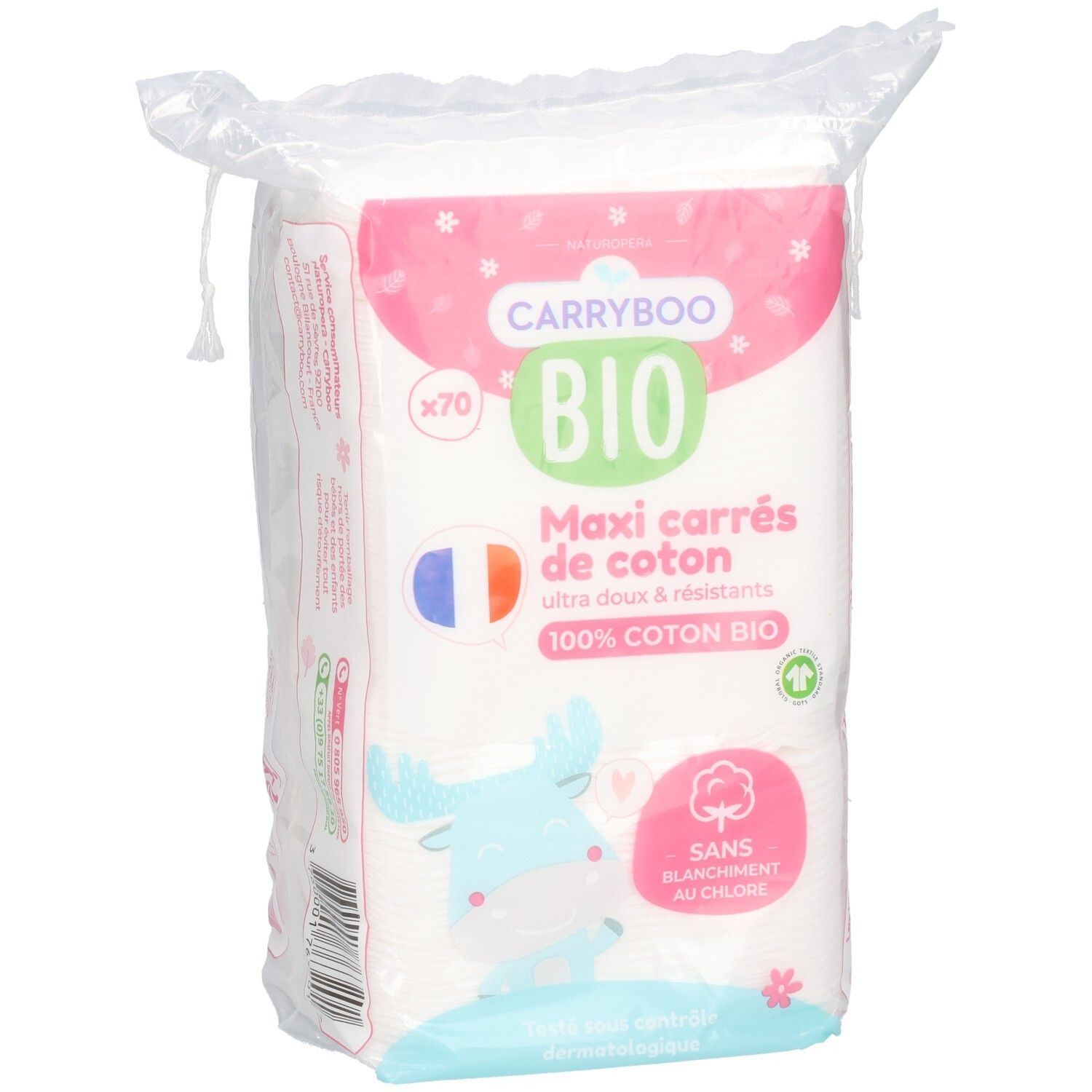 Carrés de coton Carryboo Bio Maxi, 70 pièces, 100% coton bio, blanchis sans chlore.