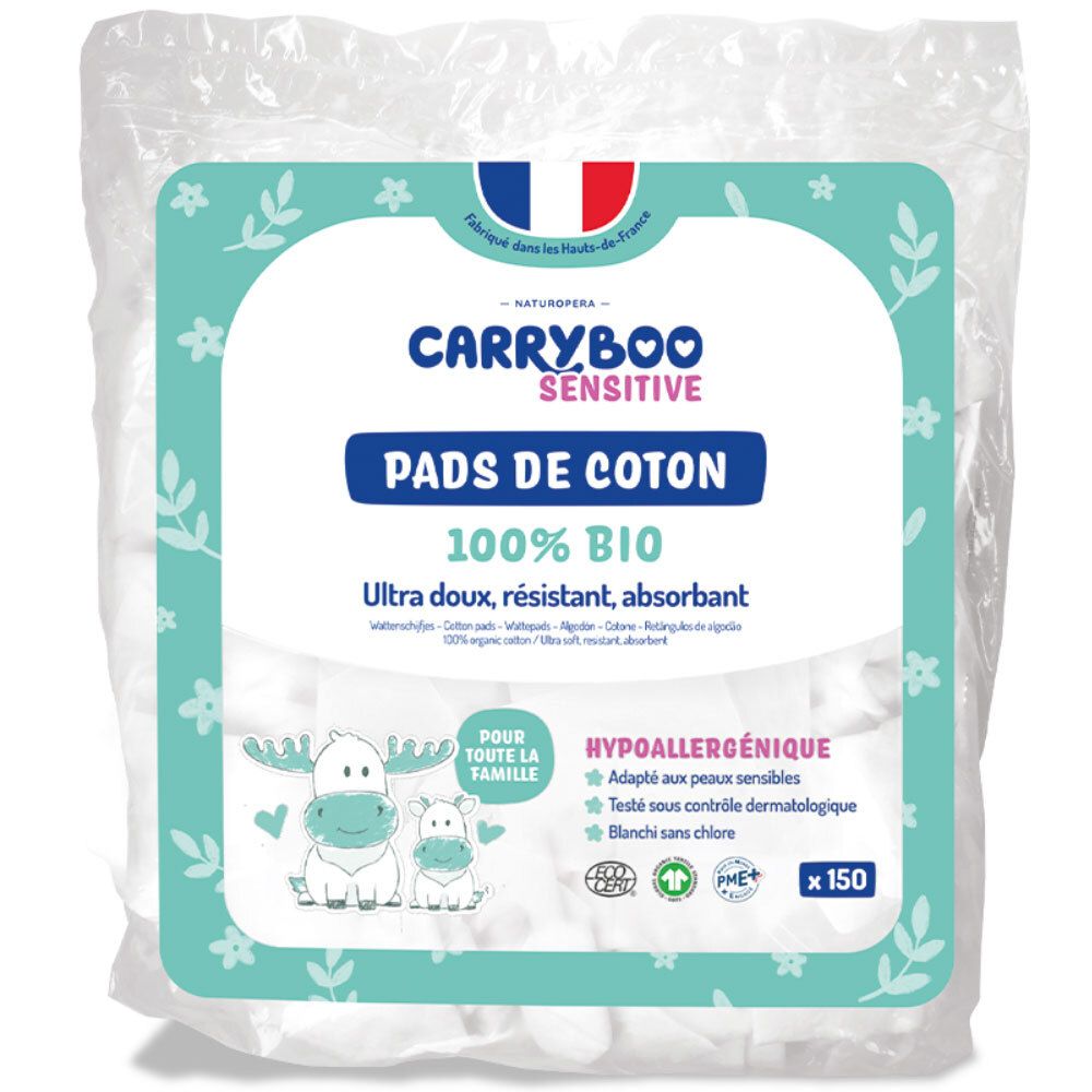 Carryboo Sensitive Carrés de coton bio, 150 pièces. Hypoallergénique, ultra doux, résistant et absorbant.