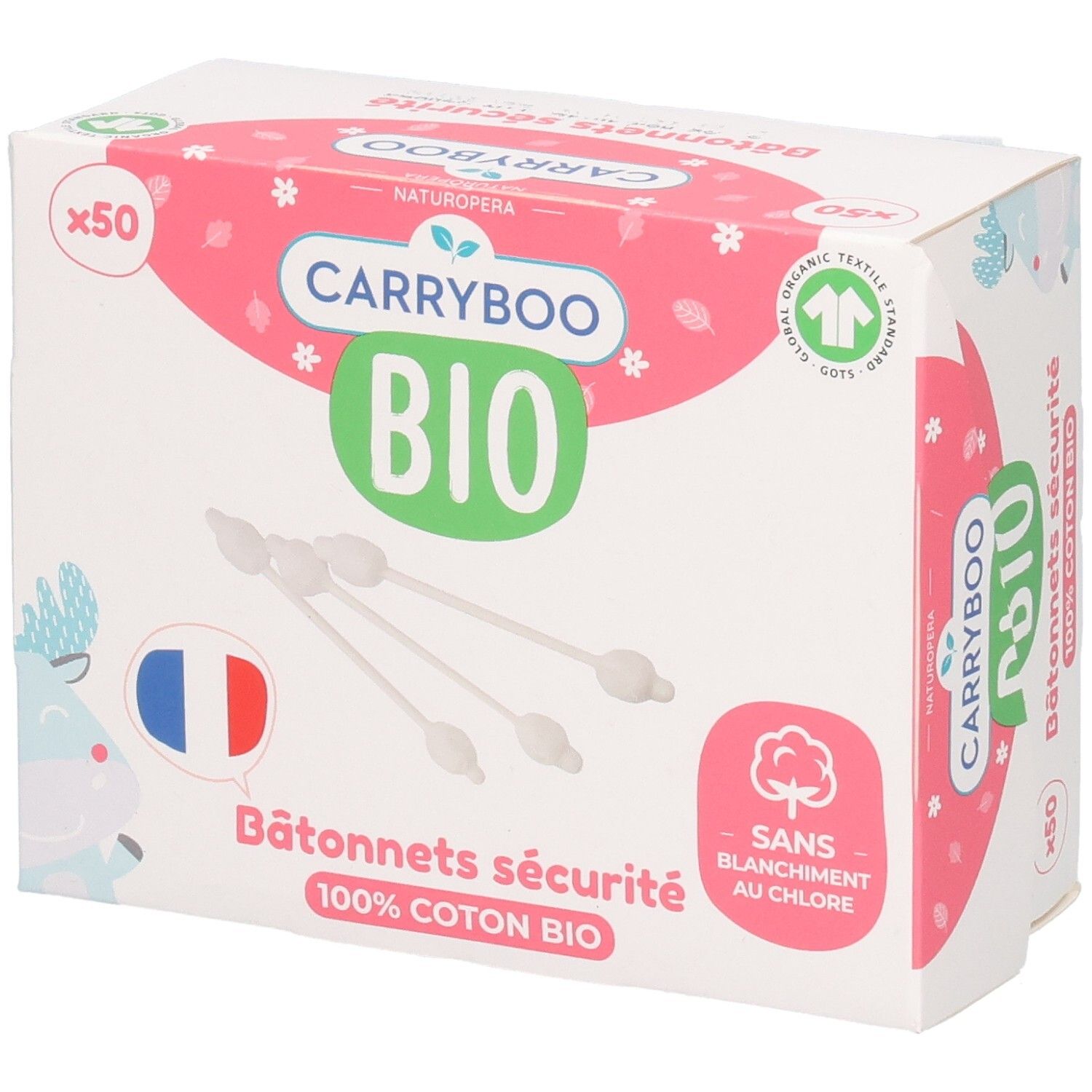 CARRYBOO Bio Cotons-tige Bâtonnets de Sécurité x50. 100% Coton Bio, sans blanchiment au chlore.