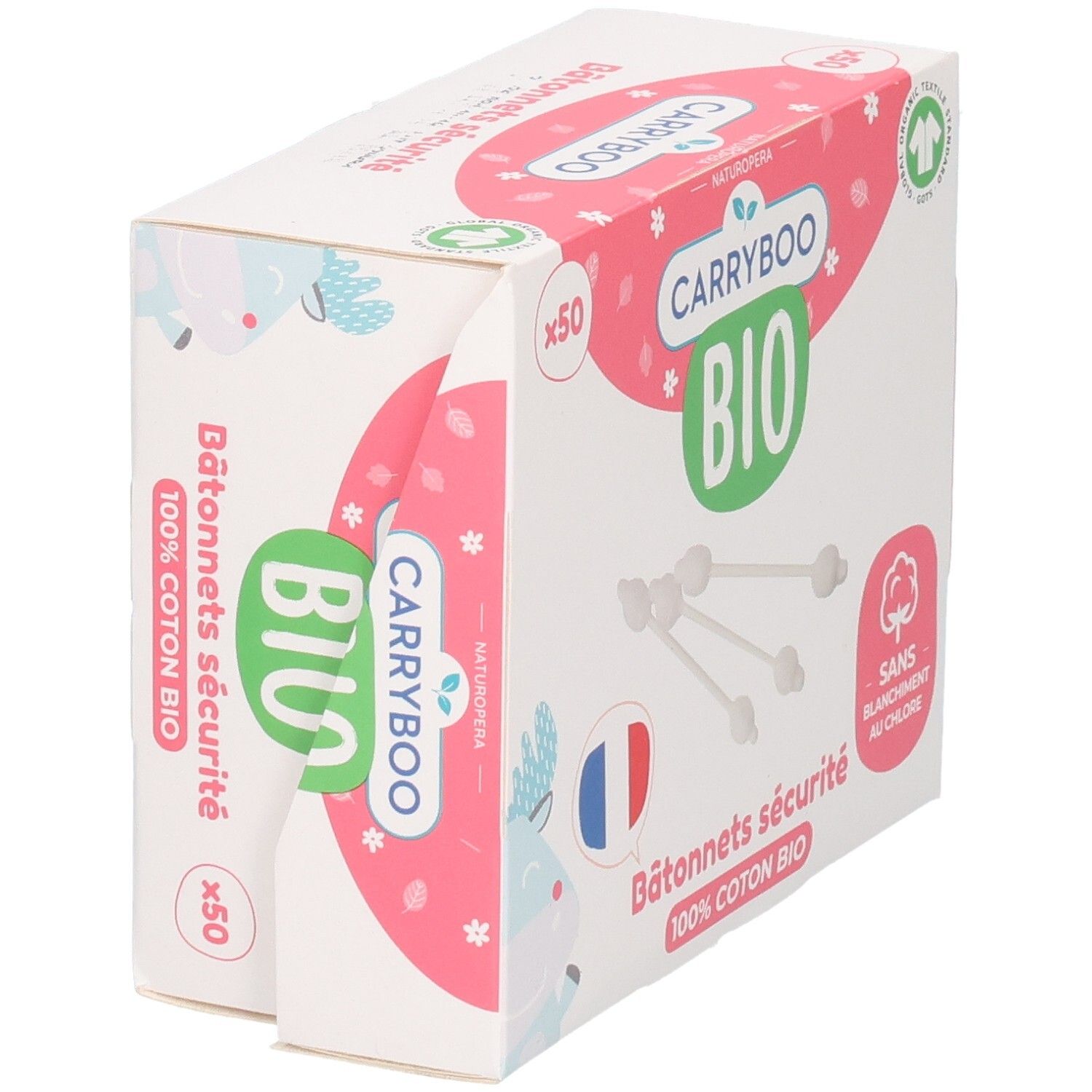 CARRYBOO Bio Cotons-tige Bâtonnets de Sécurité x50. 100% Coton Bio, sans blanchiment au chlore.