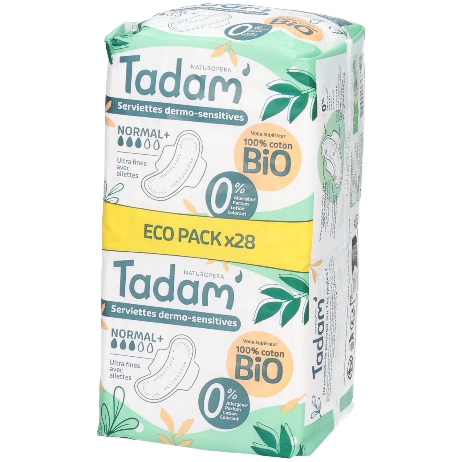 Deux paquets de Tadam Serviettes Dermo-Sensitives Normal+ de 28 serviettes. Coton bio 100%, ultra fines.