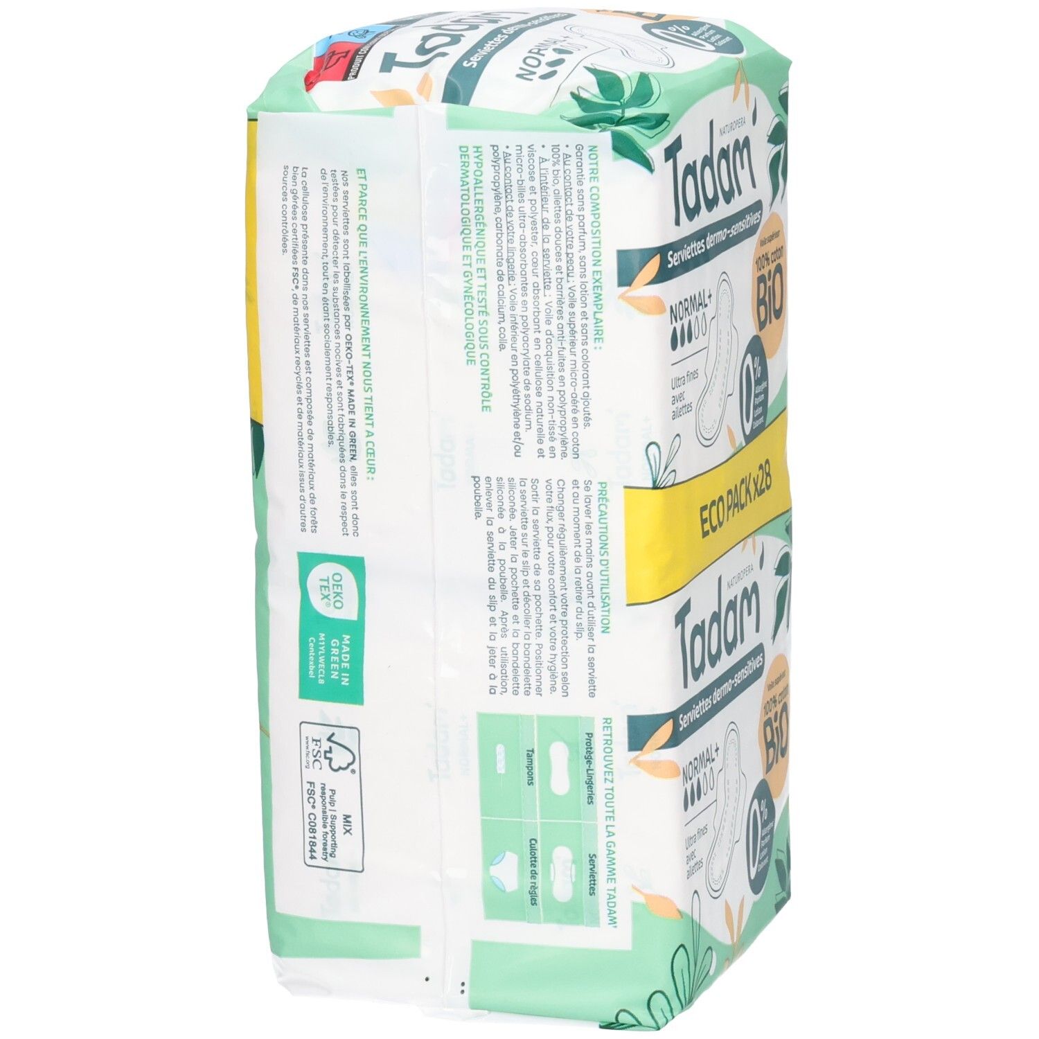 Vue latérale d'un double paquet de Tadam Serviettes Dermo-Sensitives Normal+. Contient 2x28 serviettes.