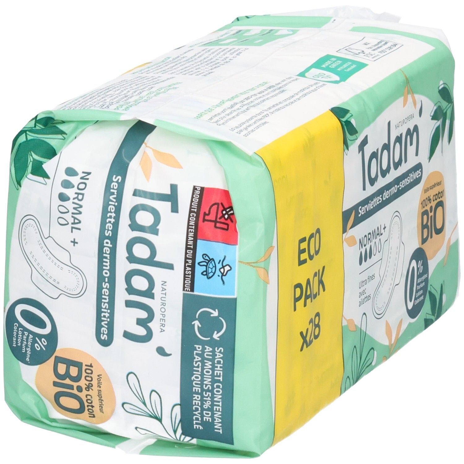 Emballage Tadam Serviettes Dermo-Sensitives Normal+ de 28 serviettes. Avec ailettes, 0% parfum.