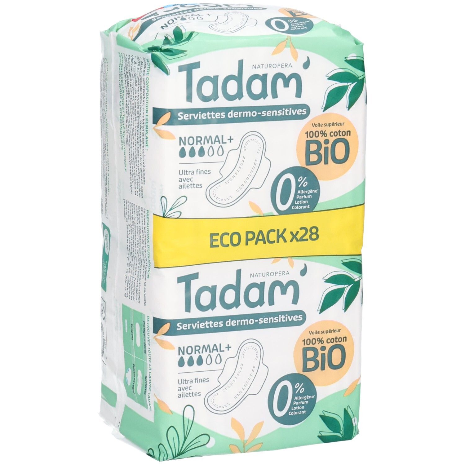 Deux paquets de Tadam Serviettes Dermo-Sensitives Normal+ de 28 serviettes. Coton bio 100%, ultra fines.