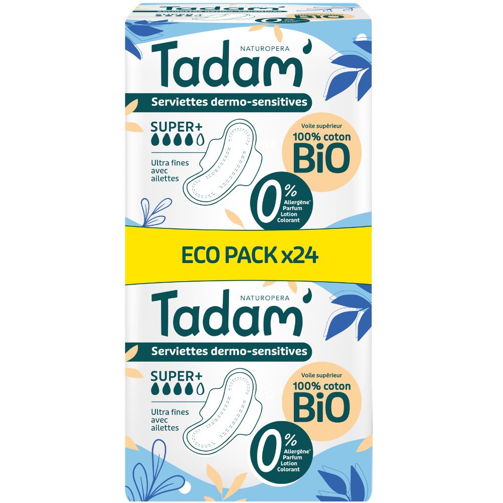 Deux paquets de Tadam Serviettes Dermo-Sensitives Super+. 24 serviettes par paquet. 100% coton bio, ultra fines avec ailettes.