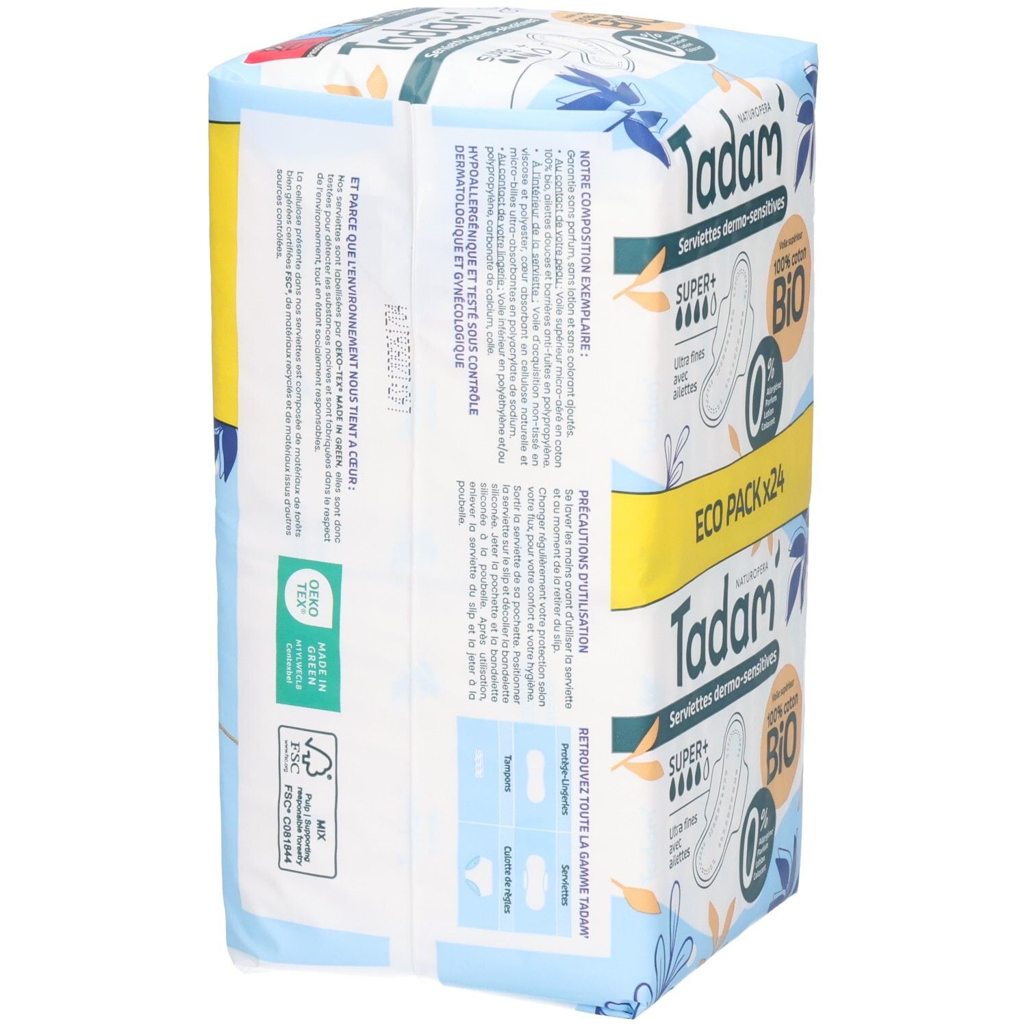 Vue latérale de l'emballage Tadam Serviettes Dermo-Sensitives Super+ (24 serviettes). Coton bio, ultra fines avec ailettes.