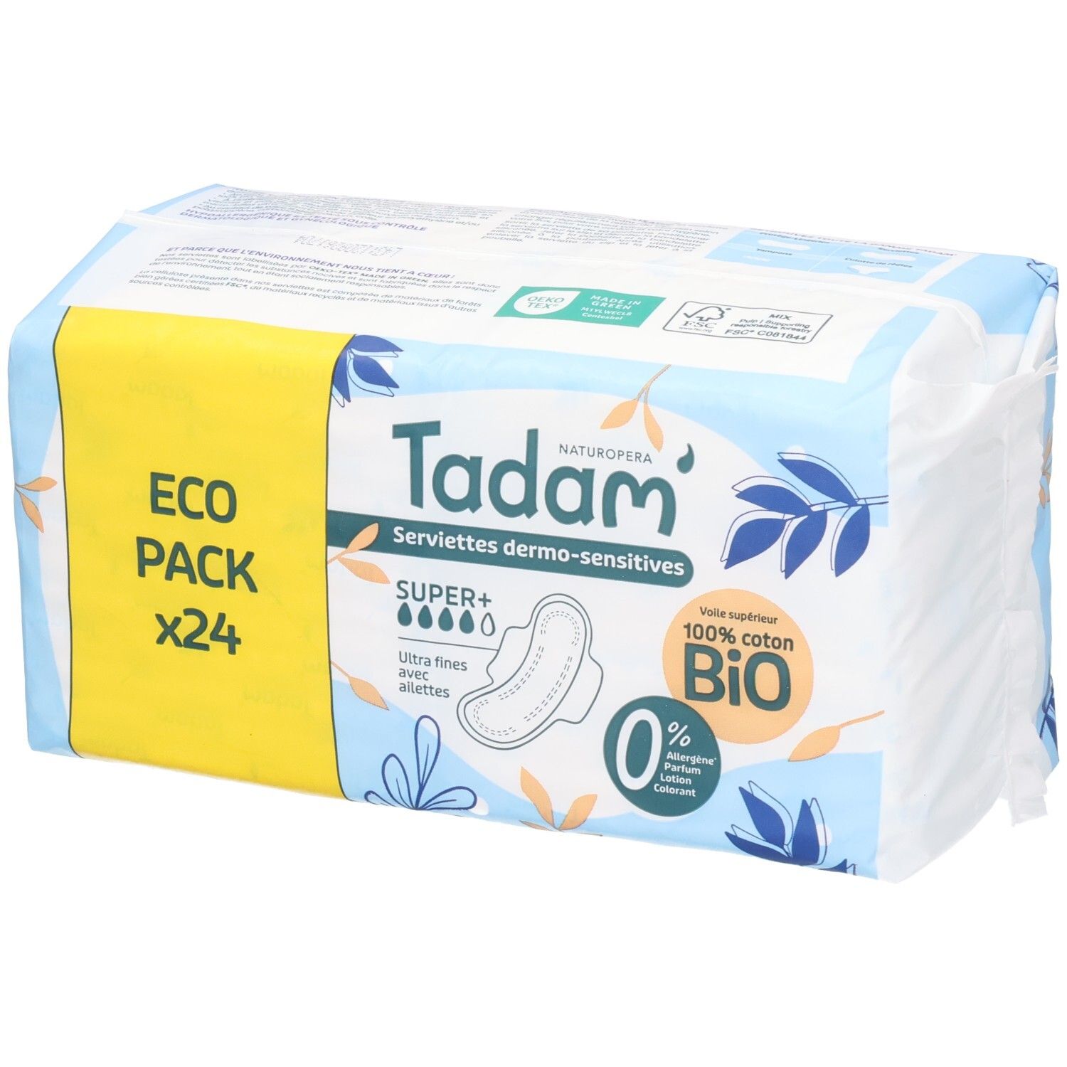 Emballage Tadam Serviettes Dermo-Sensitives Super+ (24 serviettes) de côté. 100% coton bio, ultra fines.