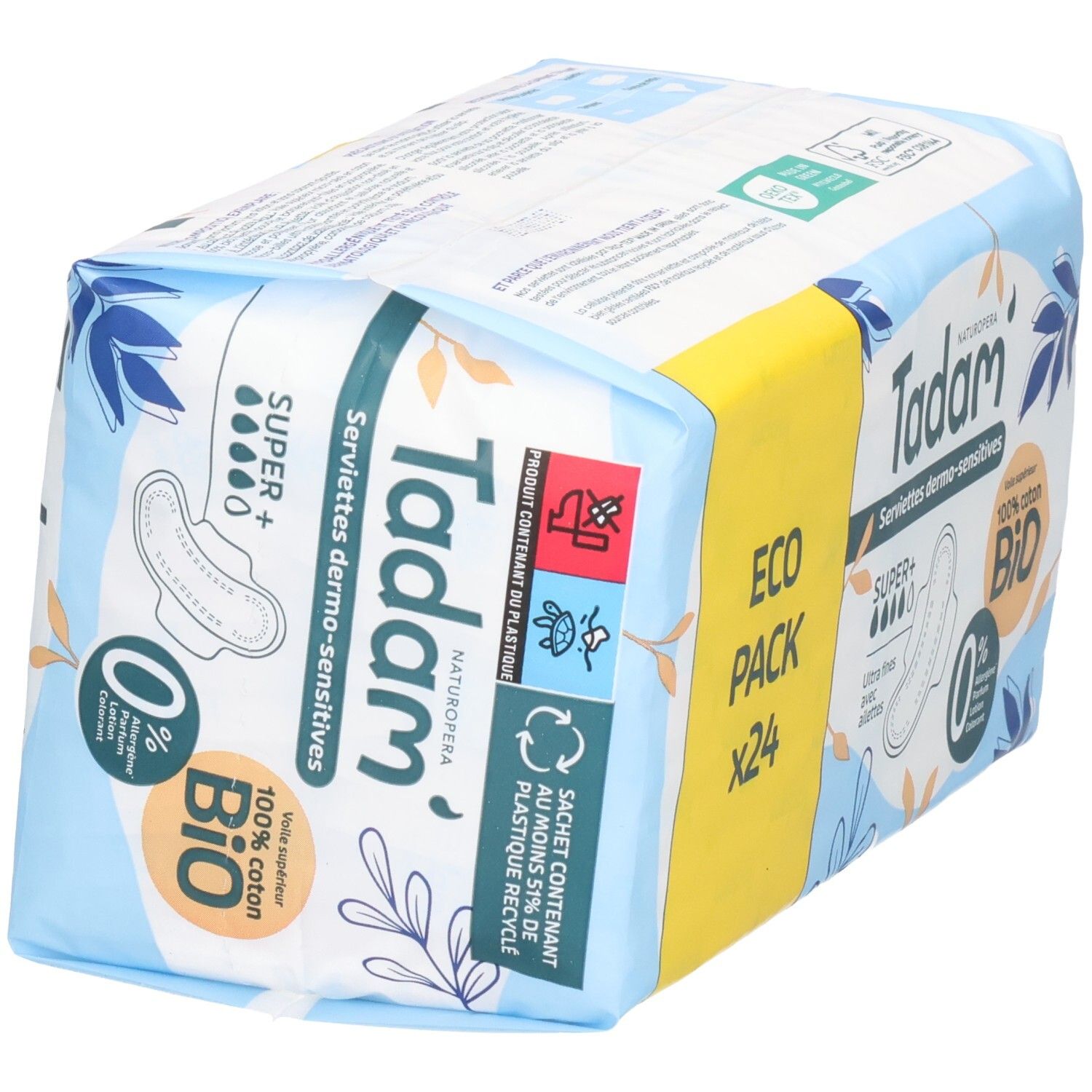 Emballage Tadam Serviettes Dermo-Sensitives Super+ (24 serviettes) en angle. Coton bio, ultra fines avec ailettes.