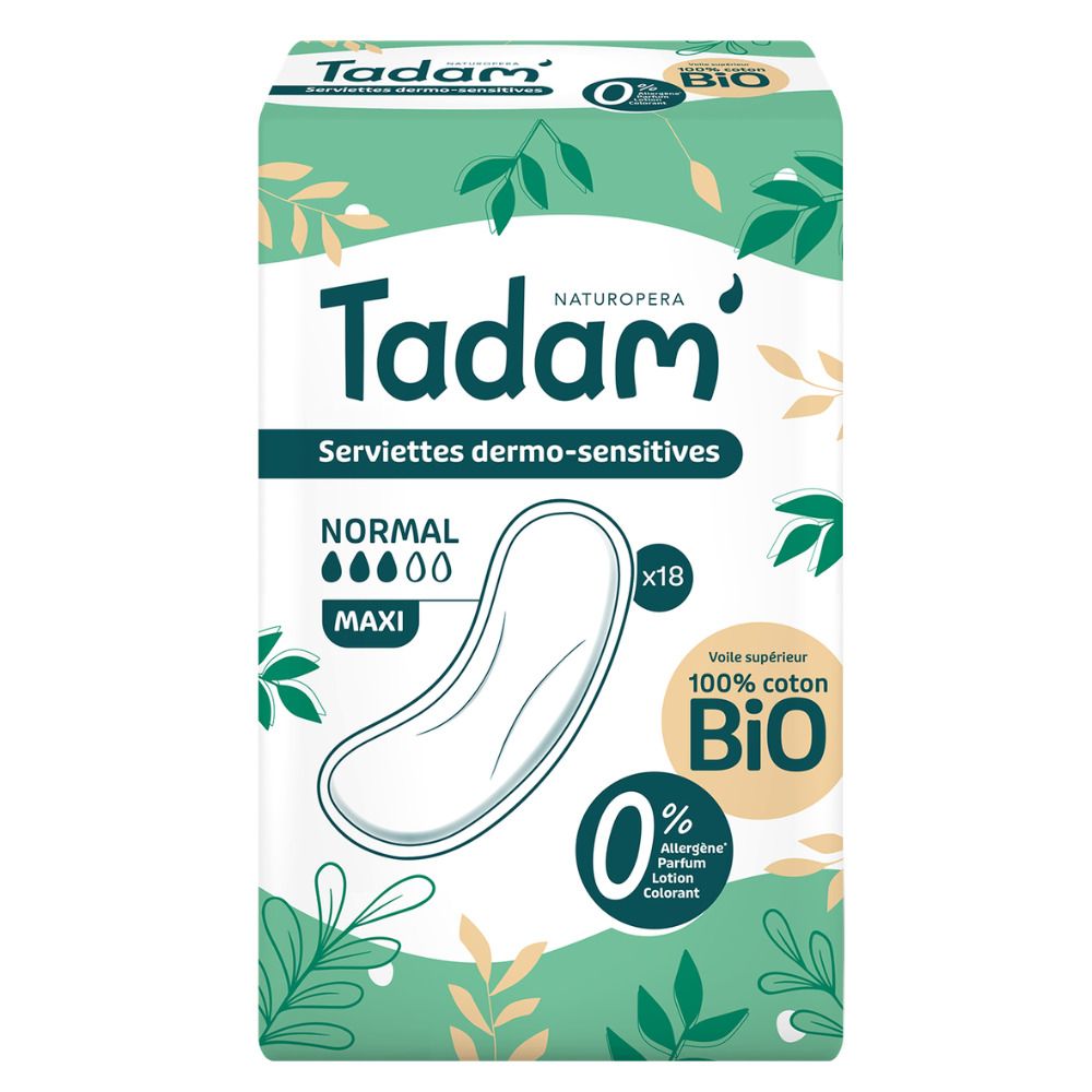 Emballage de serviettes hygiéniques Tadam Dermo-Sensitives Maxi Normal, 18 unités.