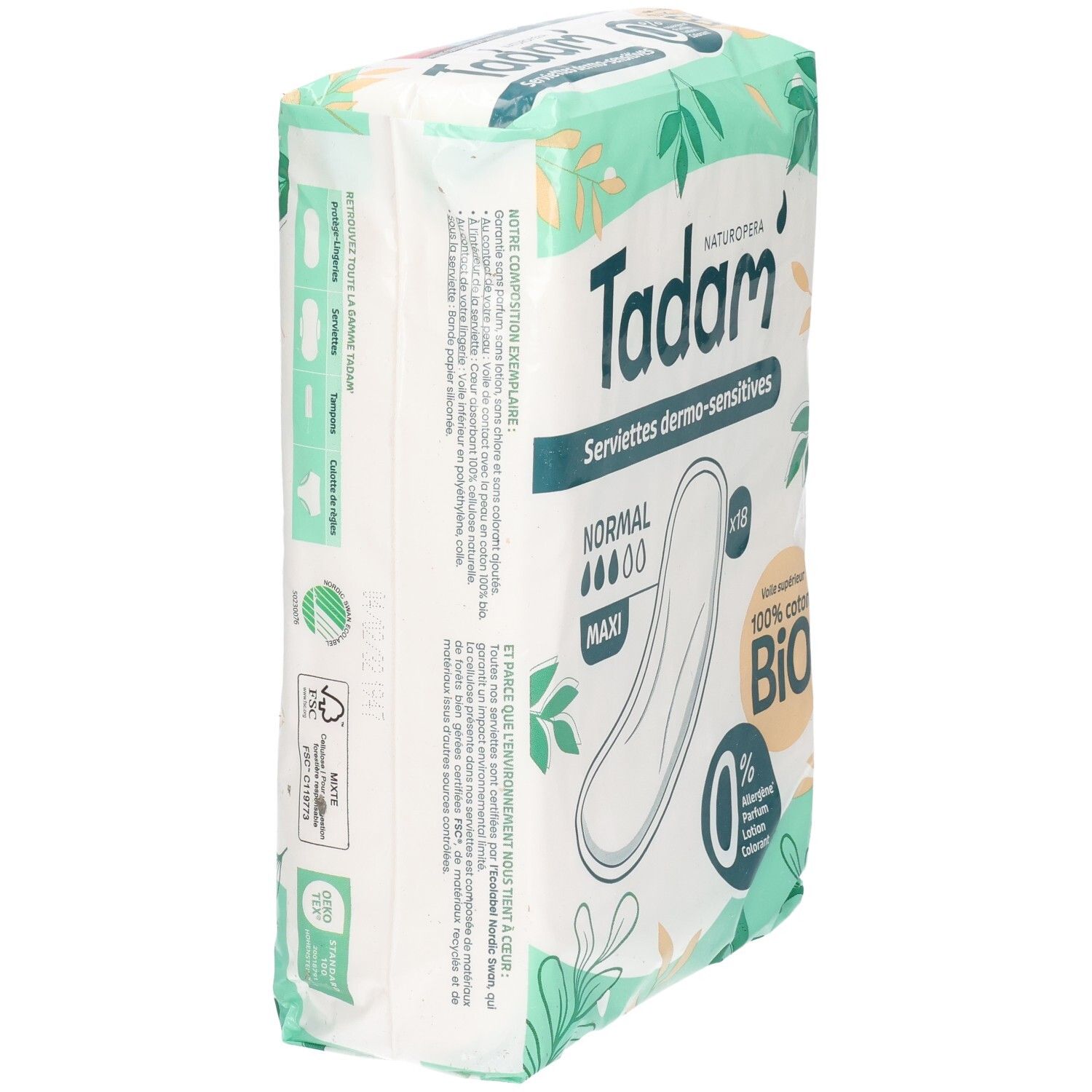 Vue latérale de l'emballage des serviettes hygiéniques Tadam, 18 unités.
