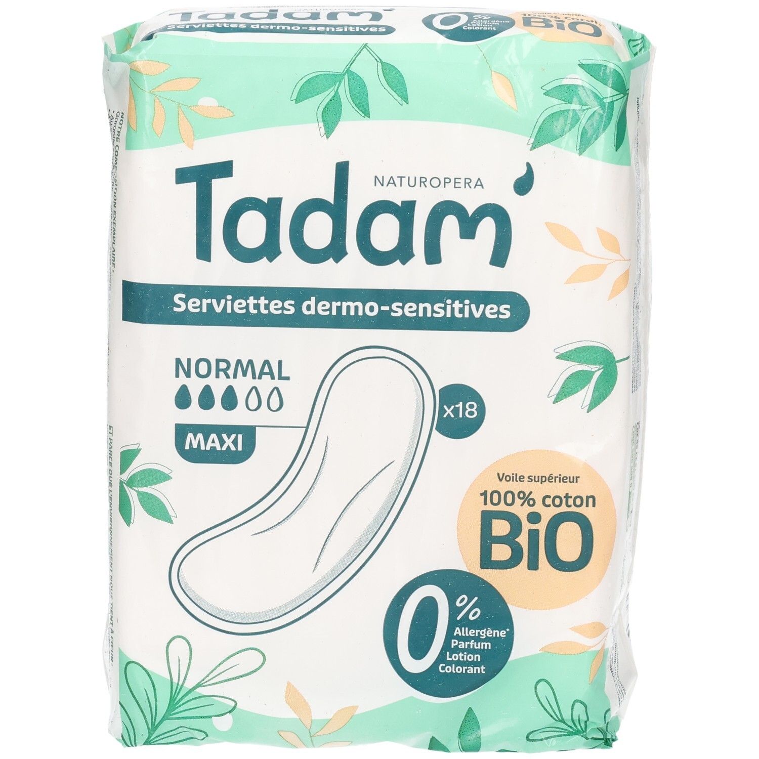 Emballage de serviettes hygiéniques Tadam Dermo-Sensitives Maxi Normal, 18 unités.