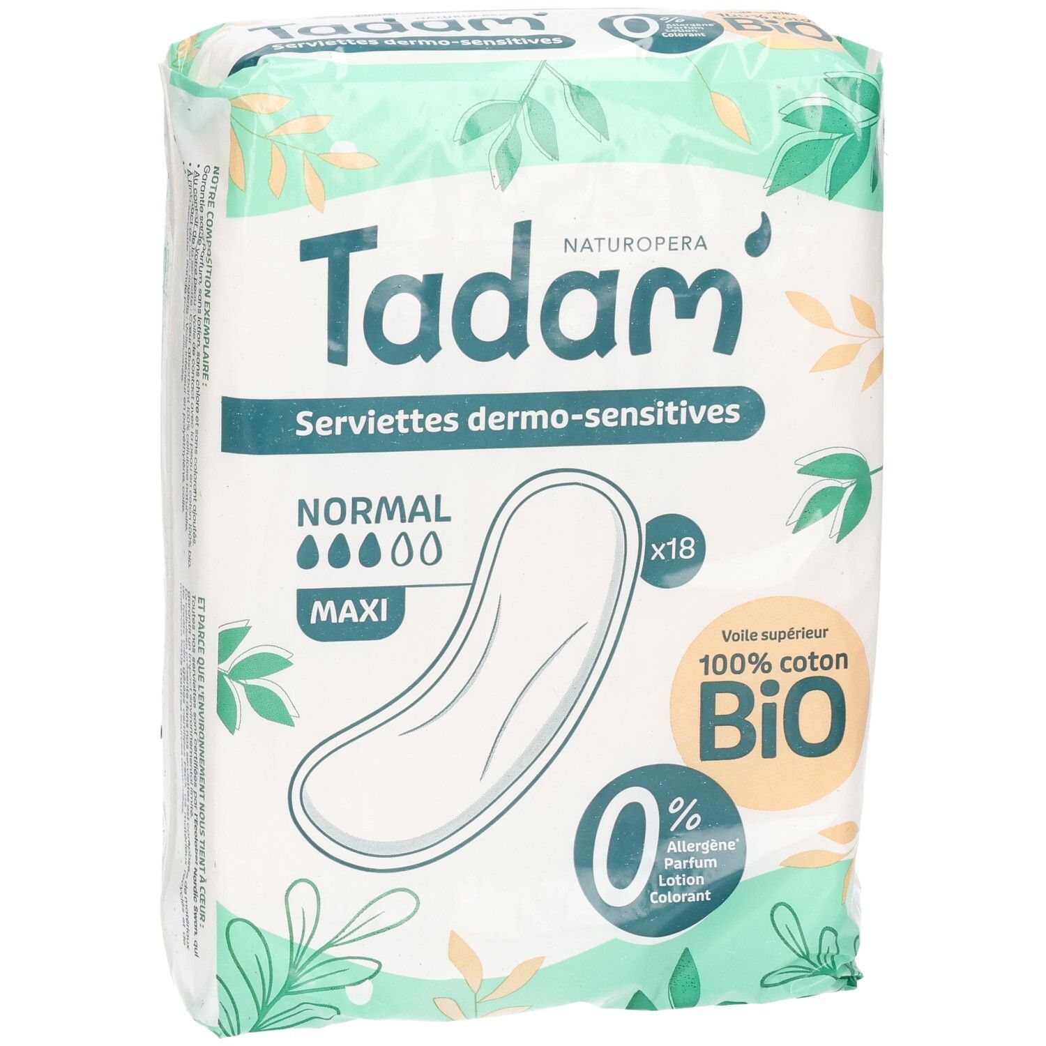Emballage de serviettes hygiéniques Tadam Dermo-Sensitives Maxi Normal, 18 unités.