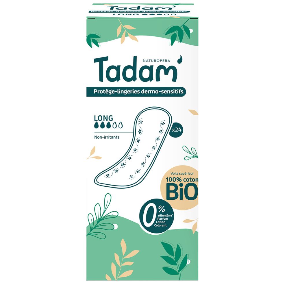 Tadam Protège-lingeries Dermo-Sensitifs, 24 unités, Long, 100% coton Bio, hypoallergénique.