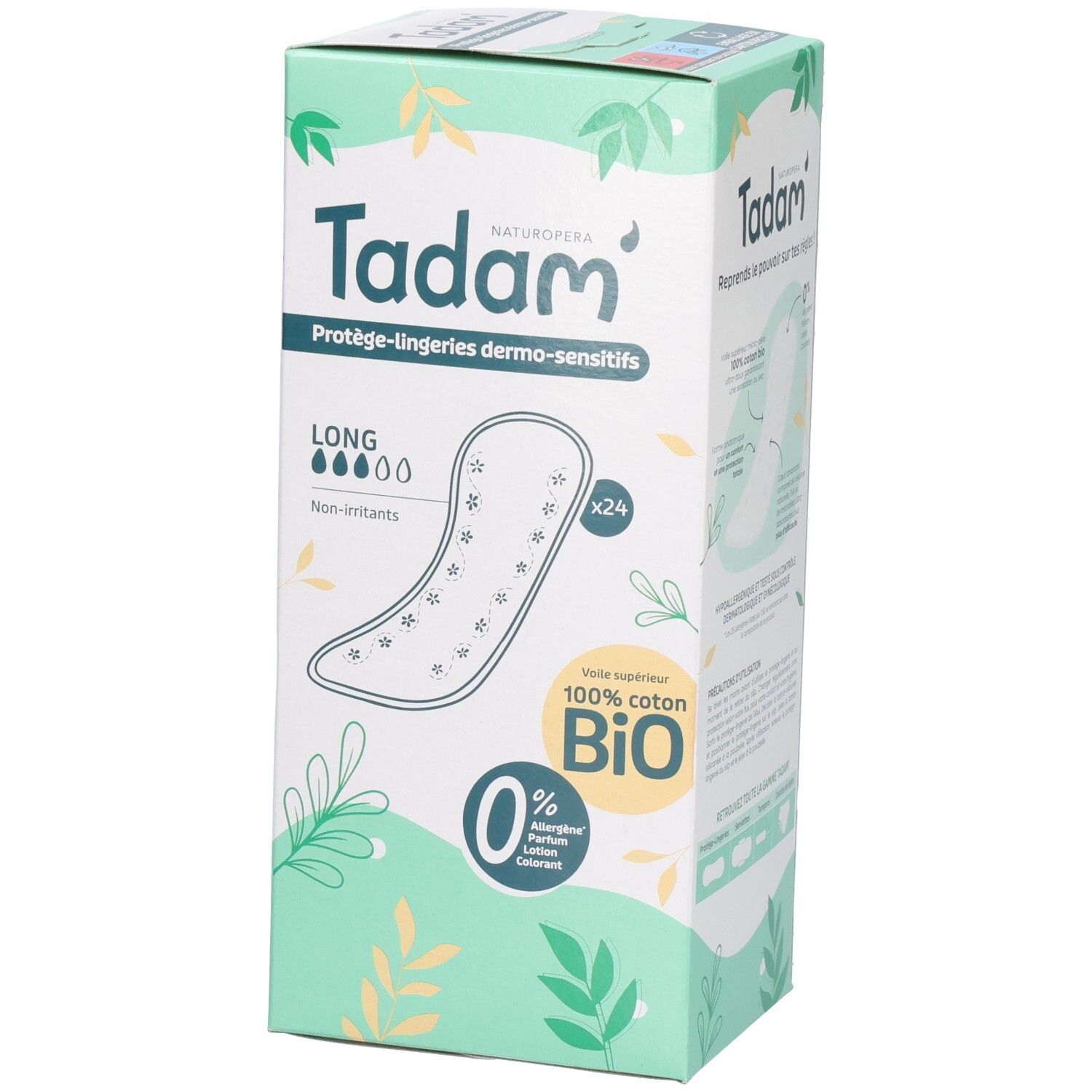 Tadam Protège-lingeries Dermo-Sensitifs, 24 unités, Long, 100% coton Bio, hypoallergénique.