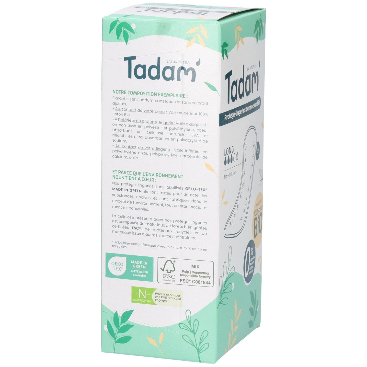 Tadam Protège-lingeries Dermo-Sensitifs, 24 unités, Long, 100% coton Bio, hypoallergénique.