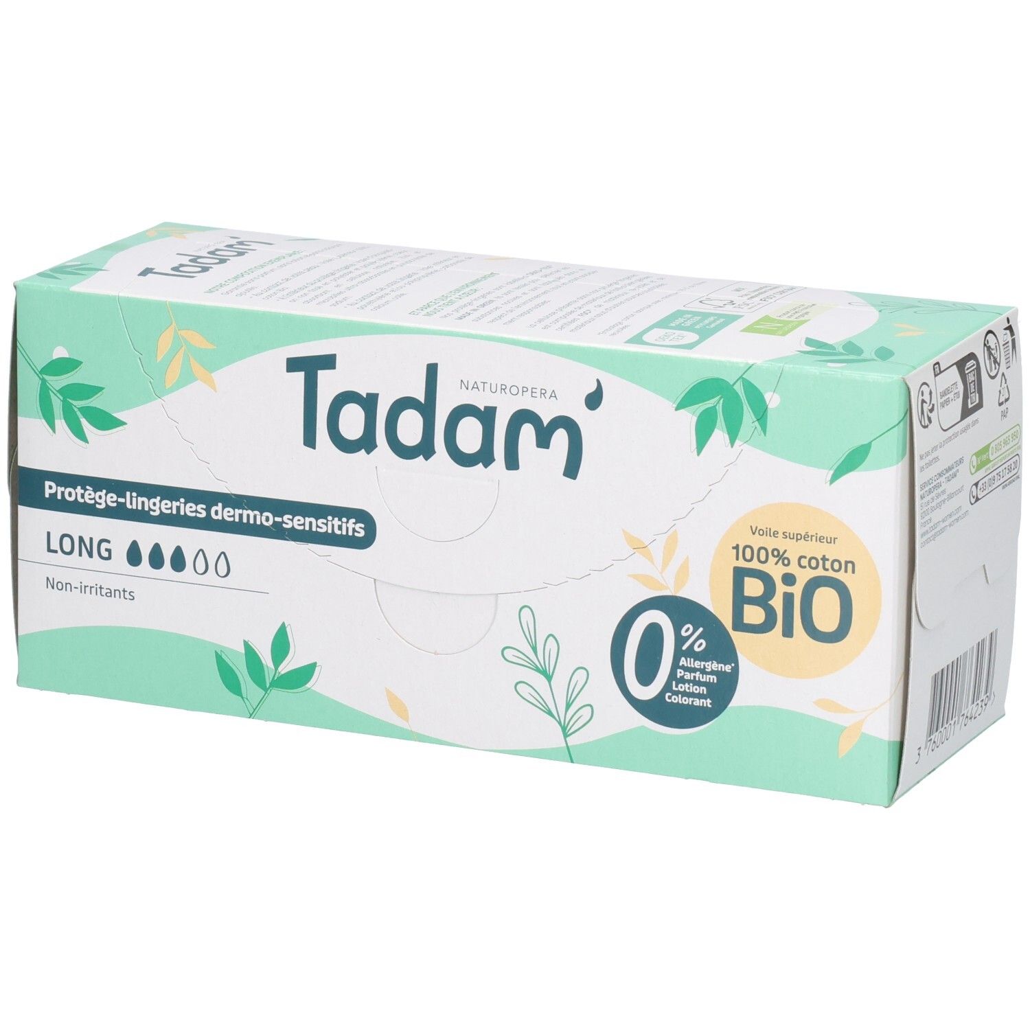 Tadam Protège-lingeries Dermo-Sensitifs, 24 unités, Long, 100% coton Bio, hypoallergénique.