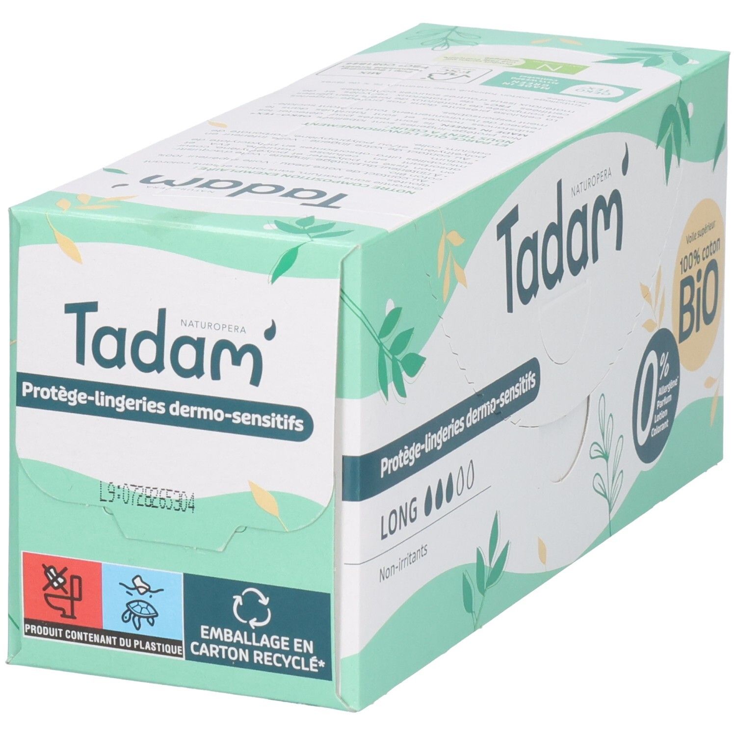 Tadam Protège-lingeries Dermo-Sensitifs, 24 unités, Long, 100% coton Bio, hypoallergénique.